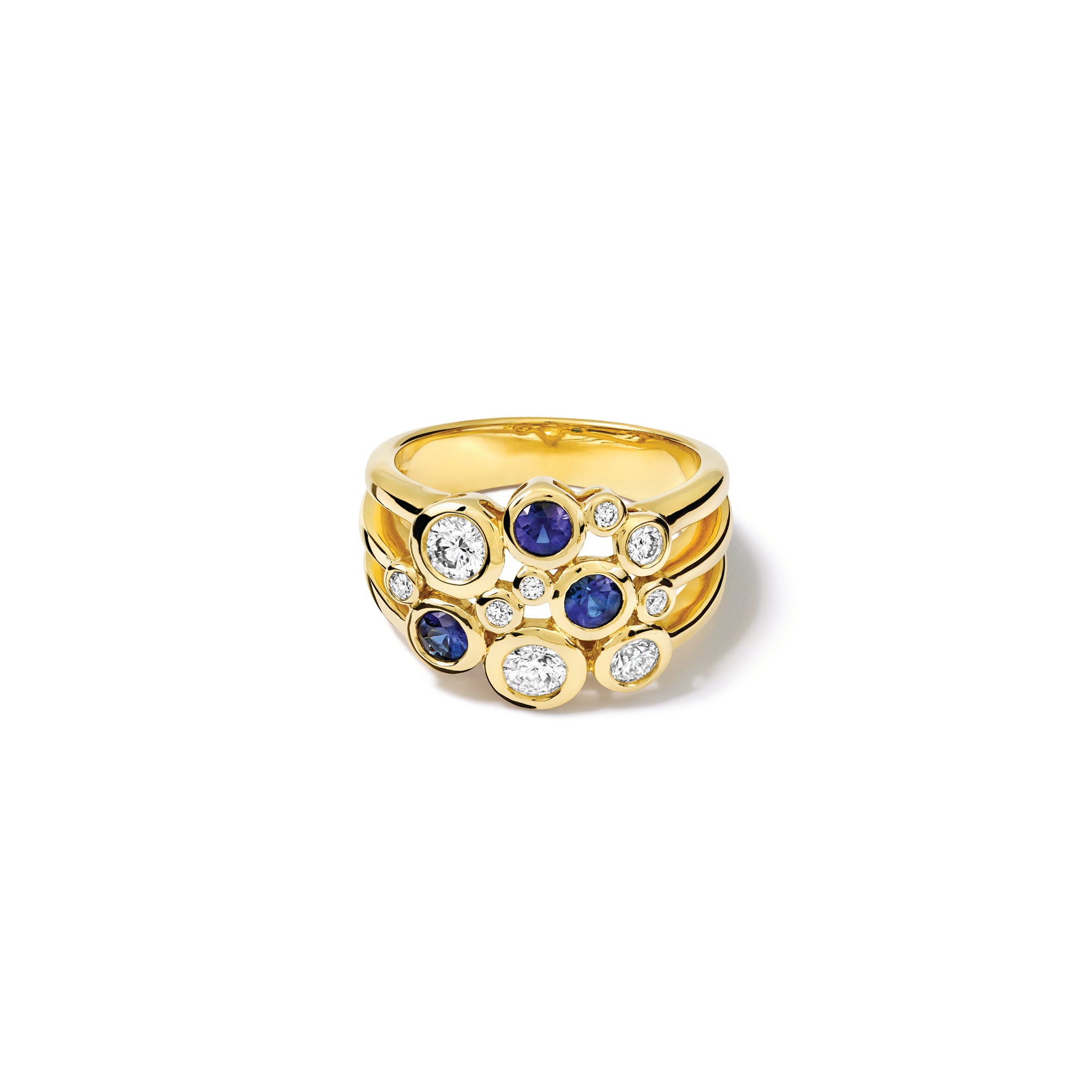 Handcrafted 18ct yellow gold ring featuring different sized round sapphires and diamonds. 