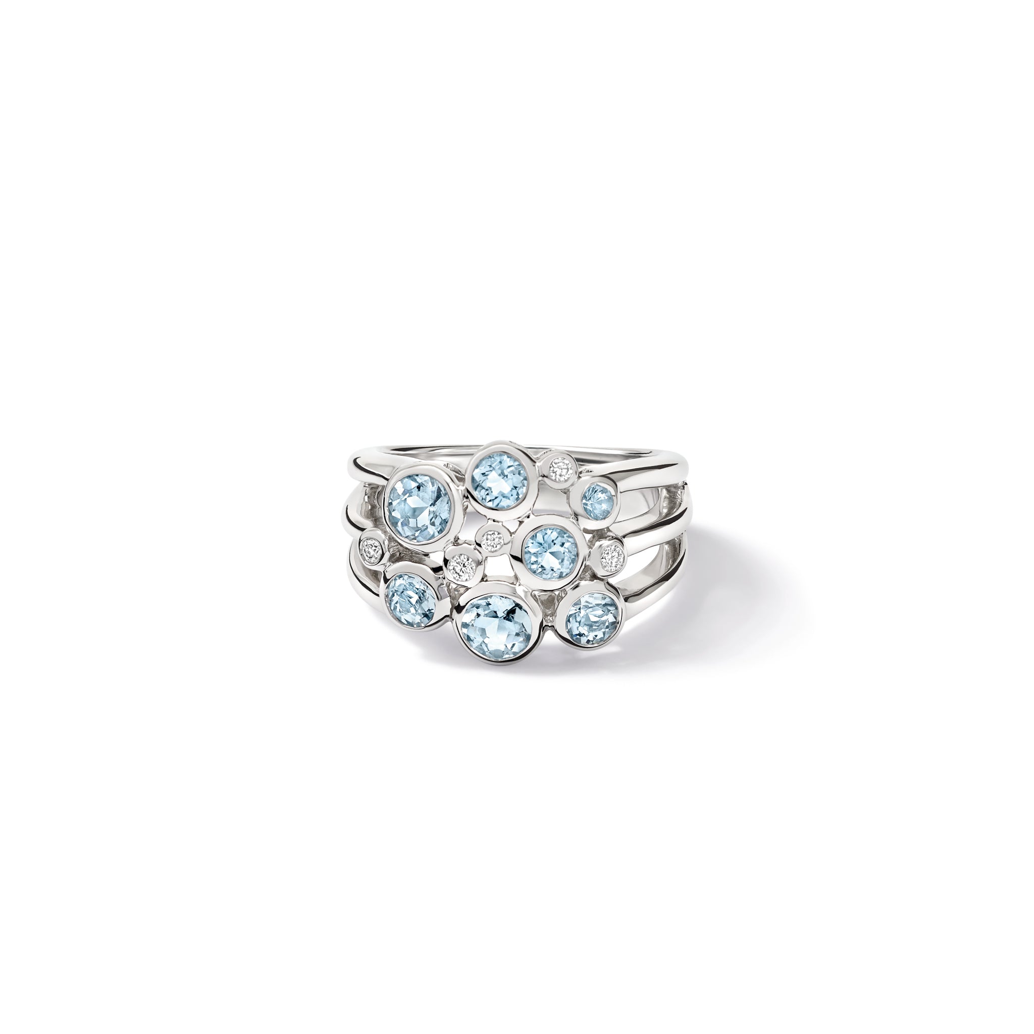 Handcrafted 18ct white gold ring featuring different sized round aquamarines and diamonds. 