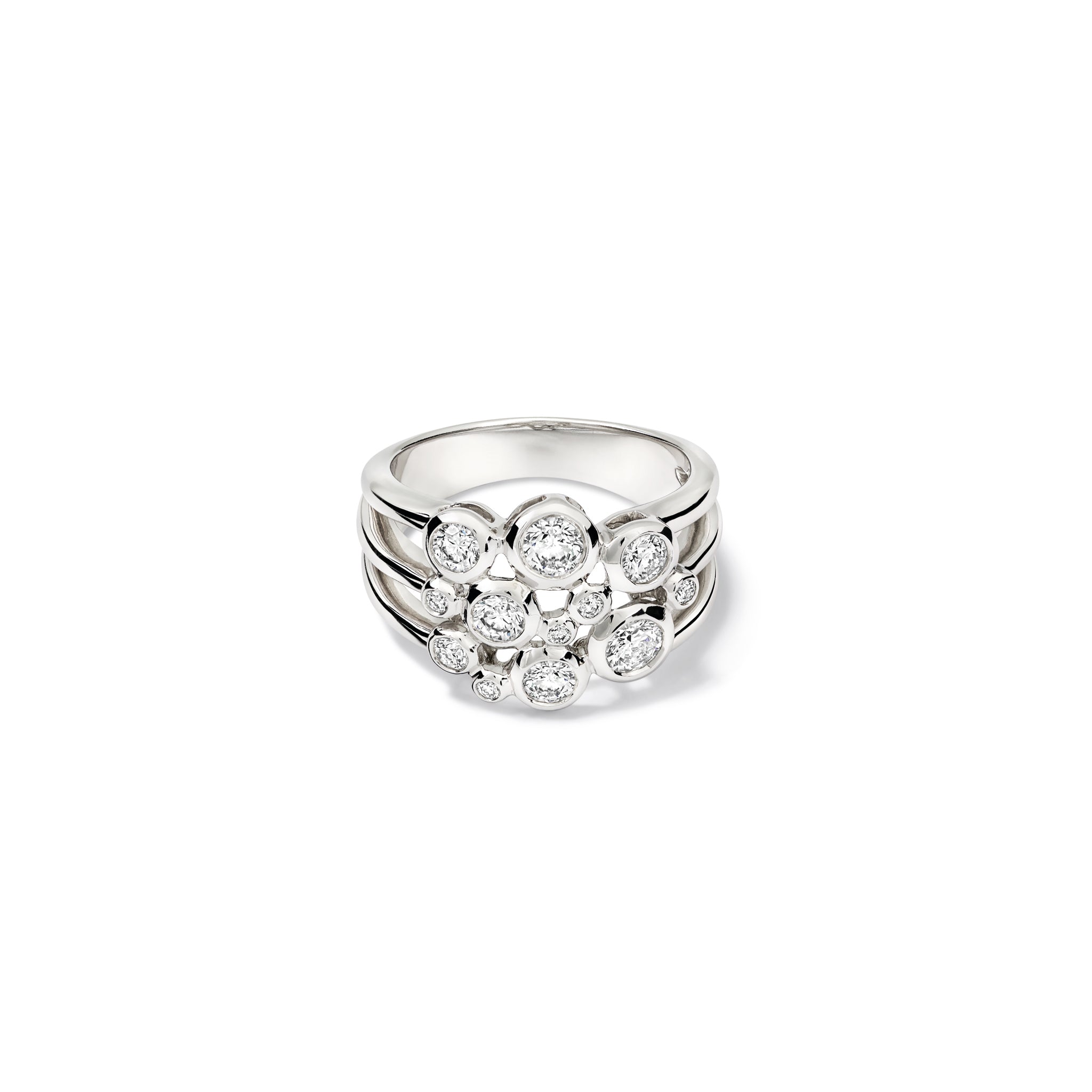 Handcrafted 18ct white gold ring featuring different sized round diamonds.