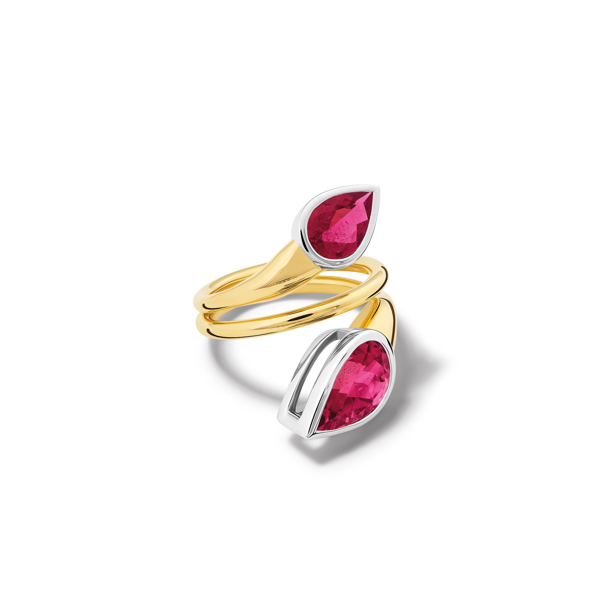 Handcrafted 18ct yellow gold swirl ring featuring teardrop-shaped pink tourmalines at each end, birthstone of October.