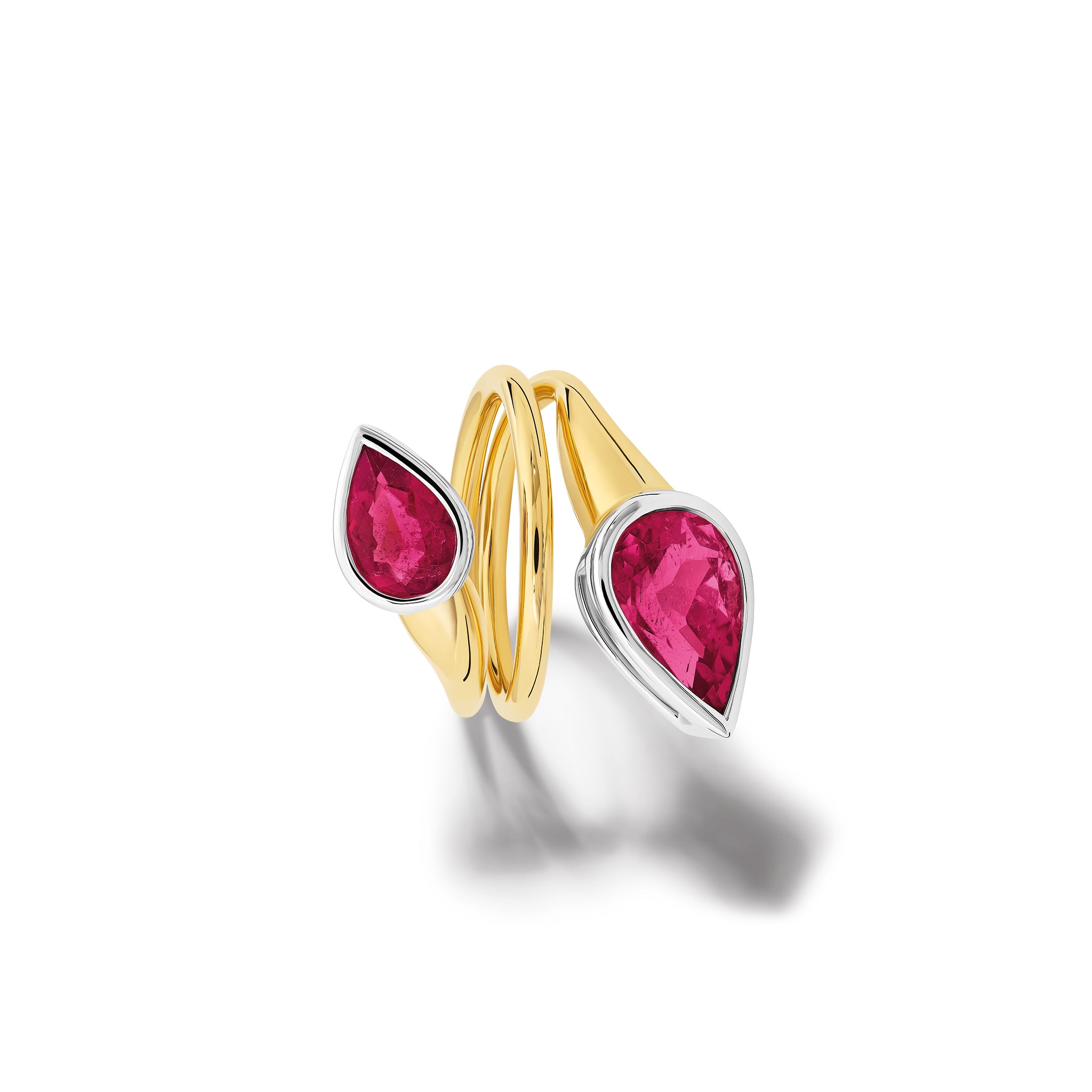 Handcrafted 18ct yellow gold swirl ring featuring teardrop-shaped pink tourmalines at each end, birthstone of October.