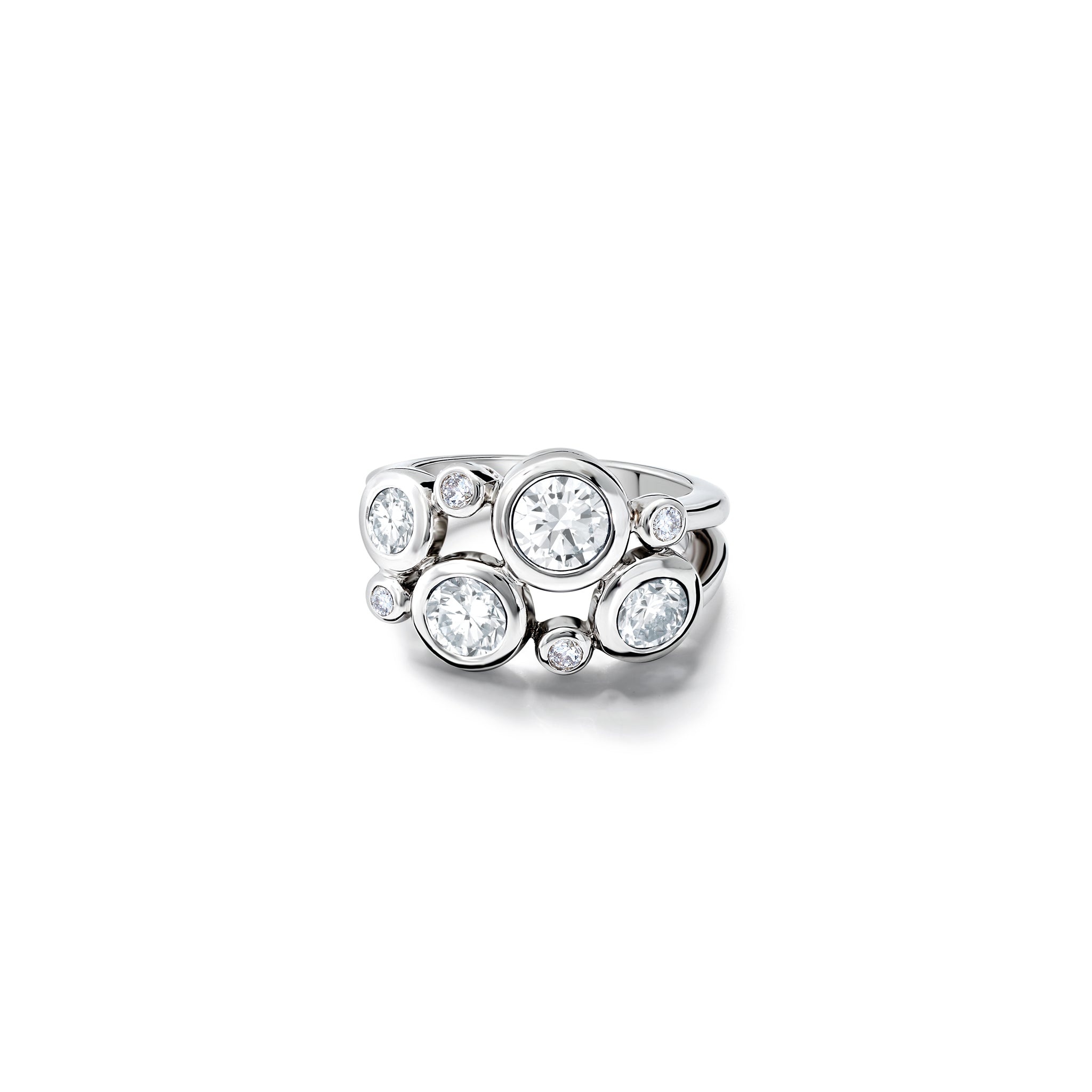 Handcrafted 18ct white gold ring featuring different sized round diamonds. 