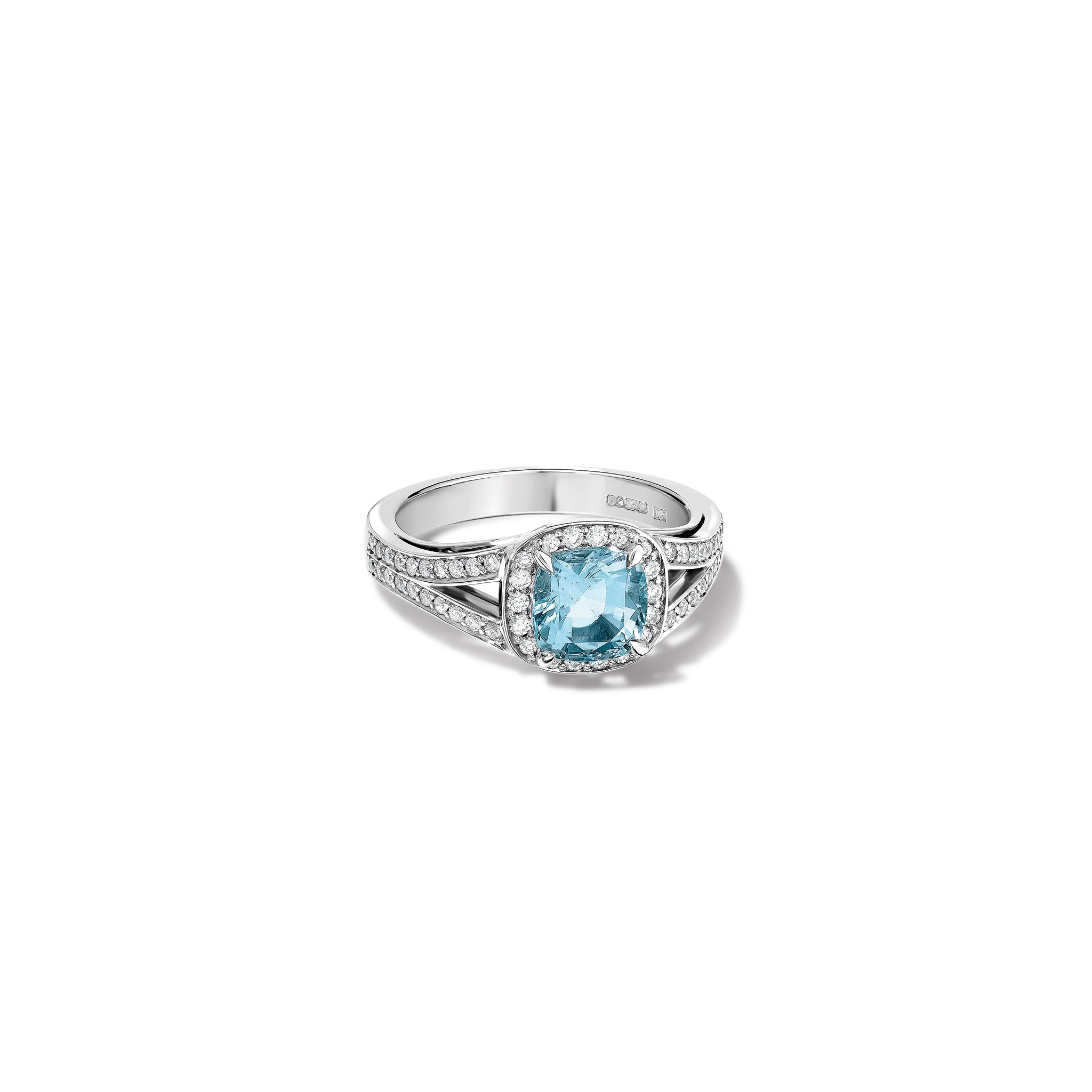 Handcrafted 18ct white gold engagement  engagement ring featuengagement ring a large, cushion-cut blue aquamarine surrounded by a halo of small diamonds and smaller diamonds embedded along the band.