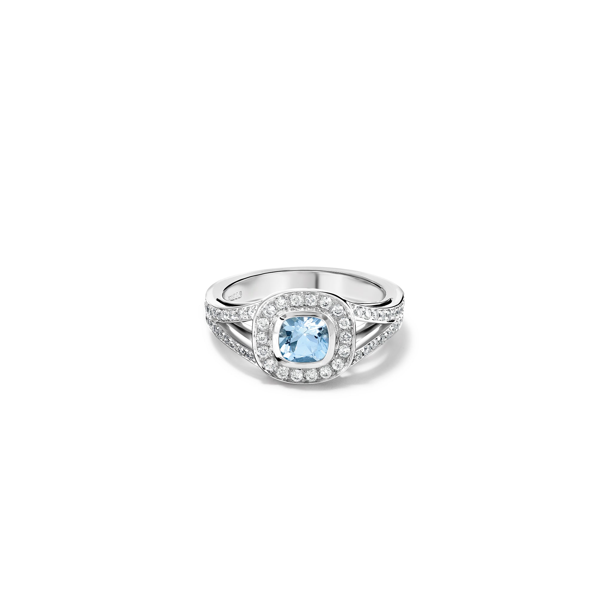 Handcrafted 18ct white gold engagement  engagement ring featuengagement ring a large, cushion-cut blue aquamarine surrounded by a halo of small diamonds and smaller diamonds embedded along the band.