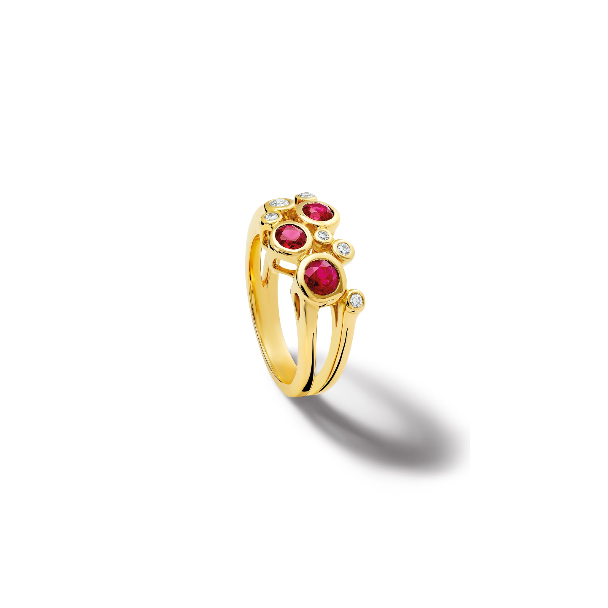 Handcrafted 18ct yellow gold ring featuring different sized round rubies and diamonds. 