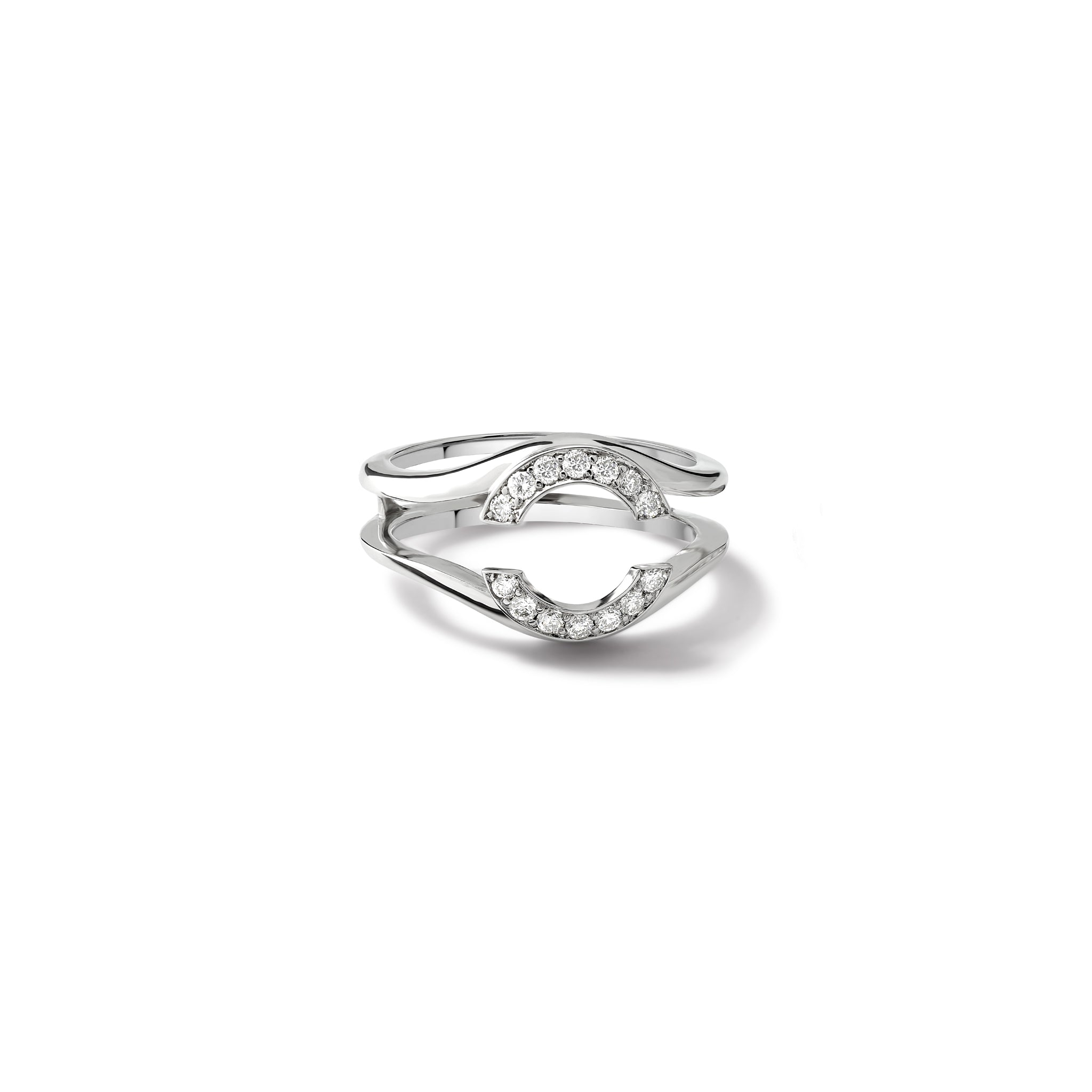 Handcrafted 18ct white gold ring featuring an open jacket setting with diamond pav�, designed to seamlessly accommodate another ring. Perfect as a wedding or eternity ring.