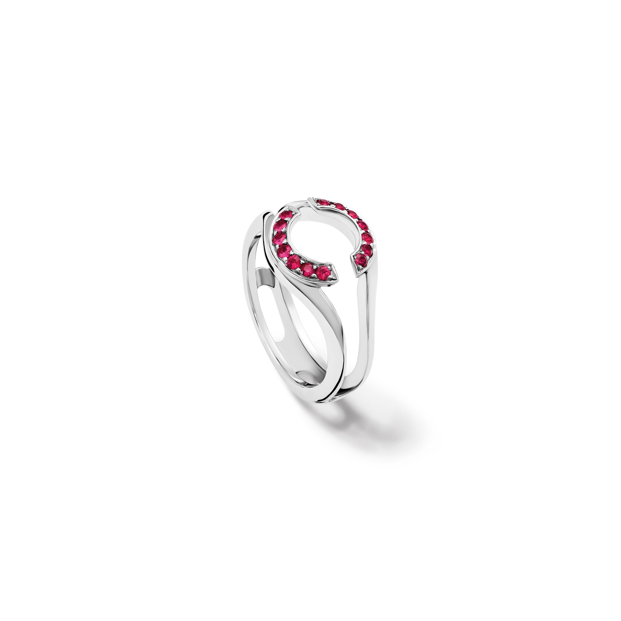 Handcrafted 18ct white gold ring featuring an open jacket setting with ruby pavé, designed to seamlessly accommodate another ring. Perfect as a wedding or eternity ring.