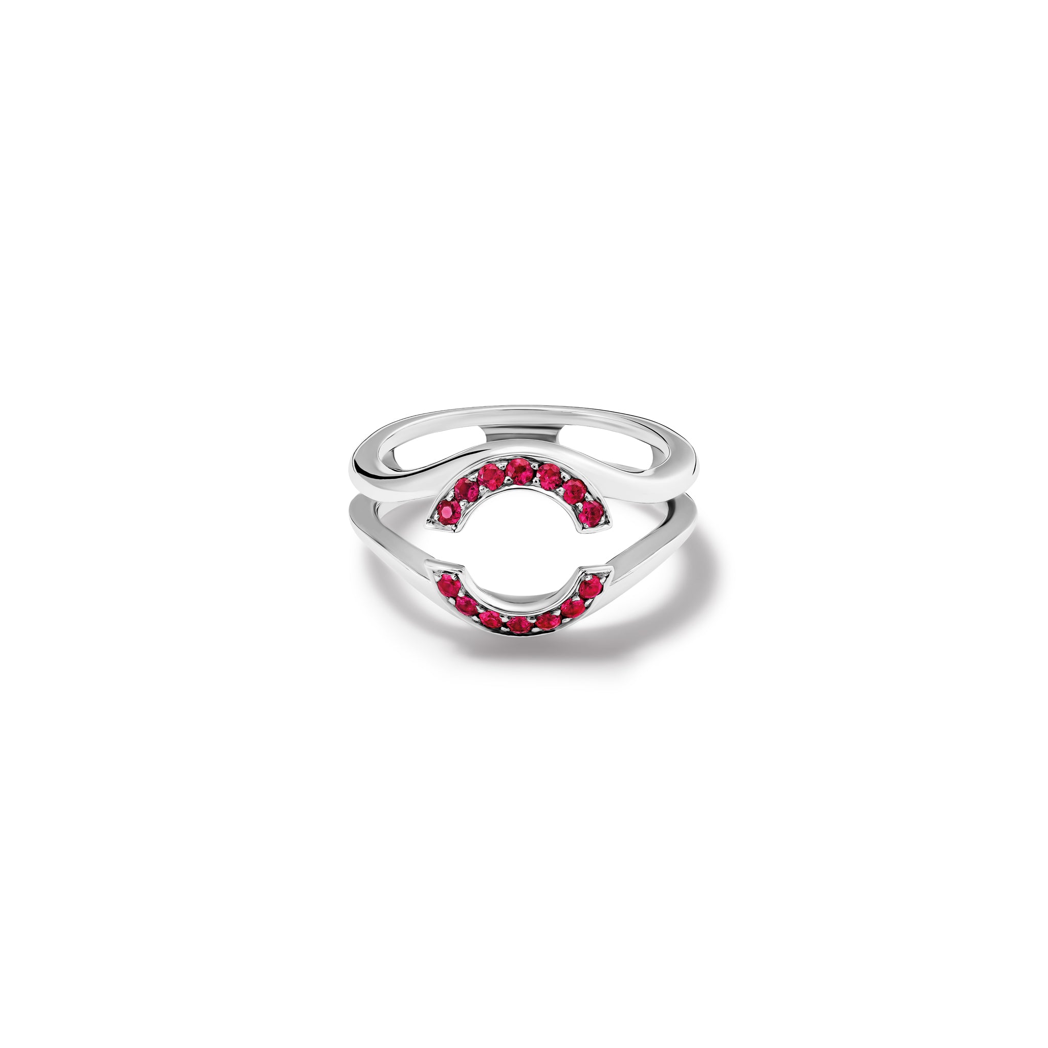 Handcrafted 18ct white gold ring featuring an open jacket setting with ruby pavé, designed to seamlessly accommodate another ring. Perfect as a wedding or eternity ring.