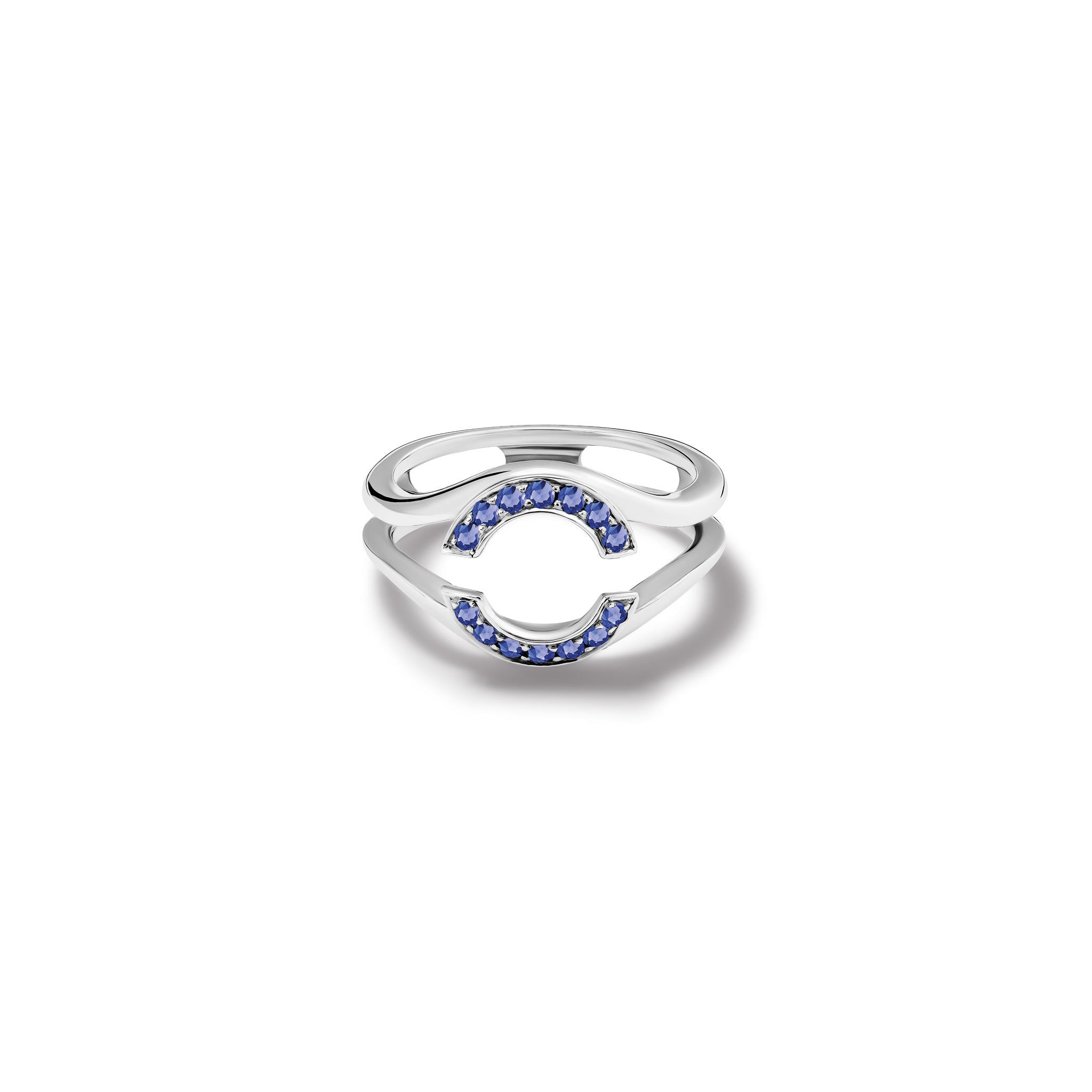 Handcrafted 18ct white gold ring featuring an open jacket setting with sapphire pavé, designed to seamlessly accommodate another ring. Perfect as a wedding or eternity ring.