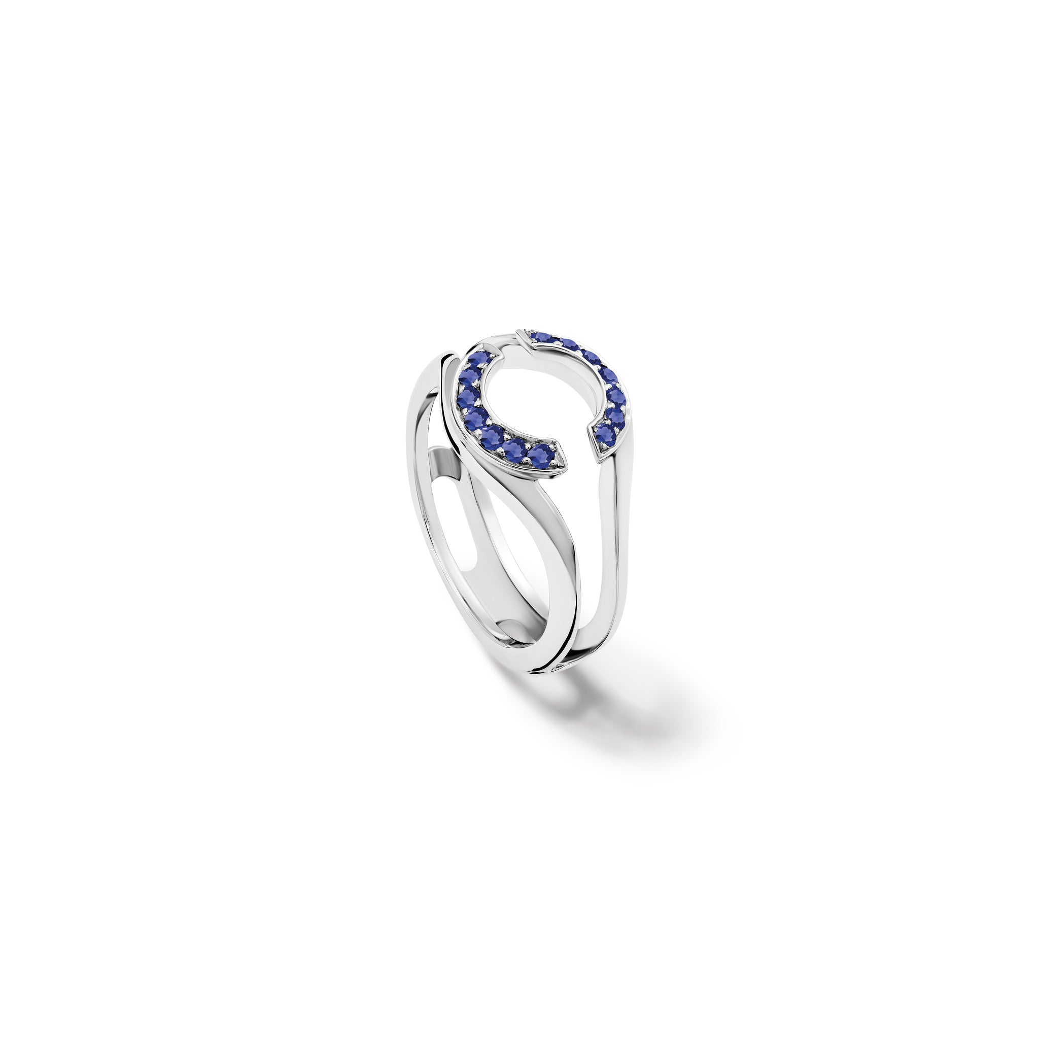 Handcrafted 18ct white gold ring featuring an open jacket setting with sapphire pavé, designed to seamlessly accommodate another ring. Perfect as a wedding or eternity ring.