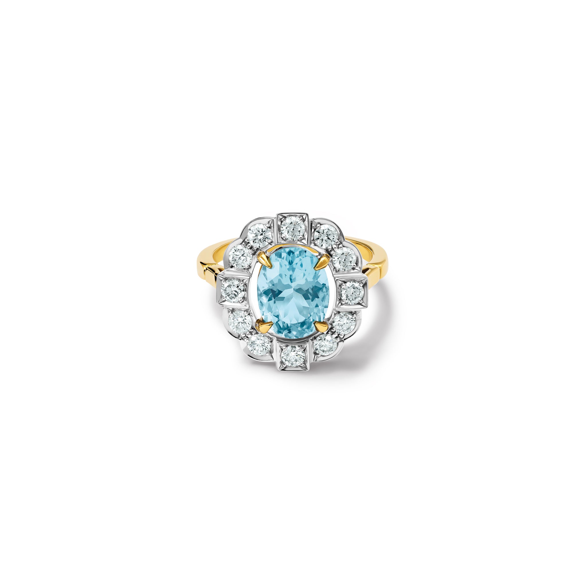 Handcrafted engagement ring featuring a central oval aquamarine, surrounded by a halo of small diamonds. The diamonds are set in a 18ct white gold while the band is 18ct yellow gold.