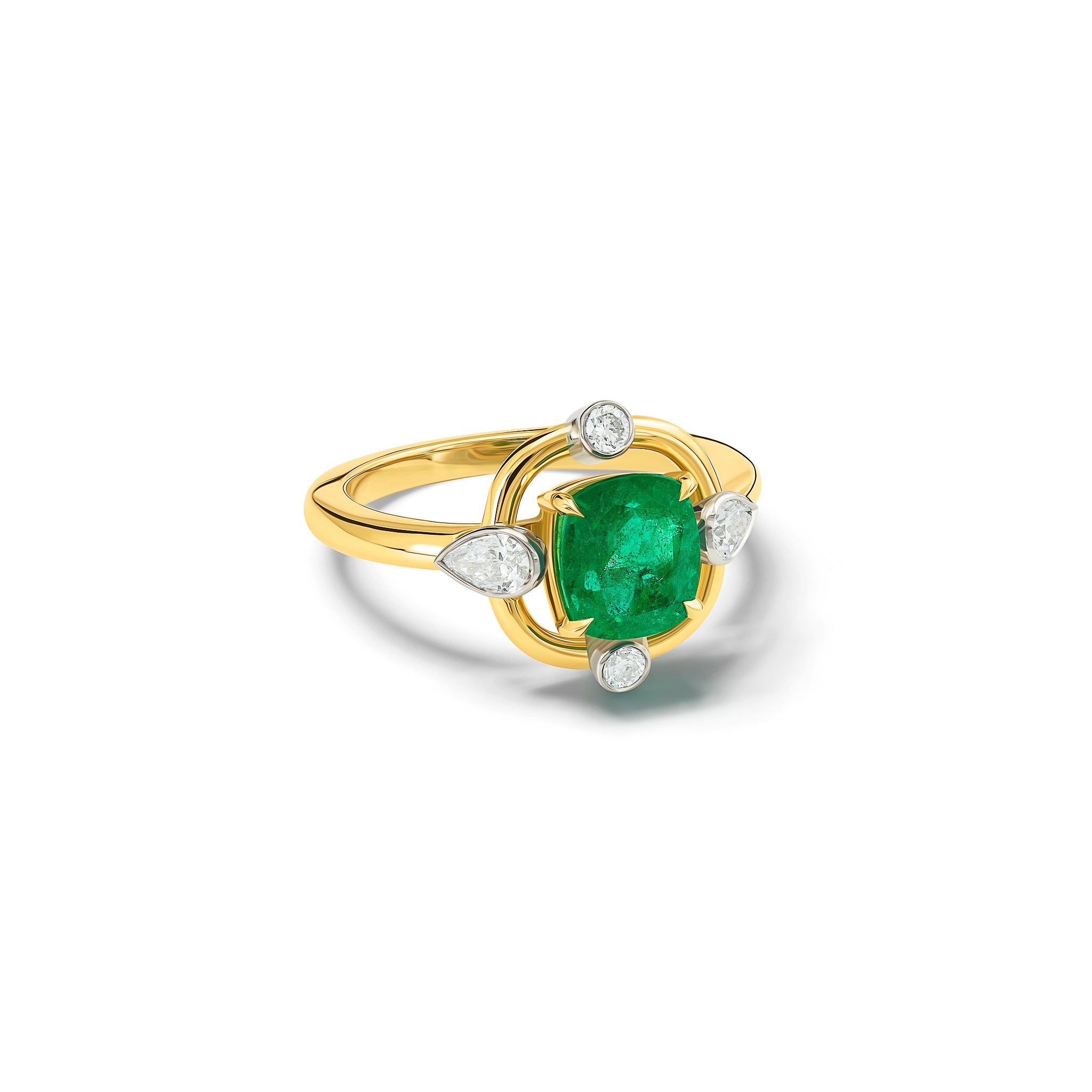 Handcrafted 18ct yellow gold ring featuring a central emerald with two small round diamonds and two teardrop shaped diamonds.