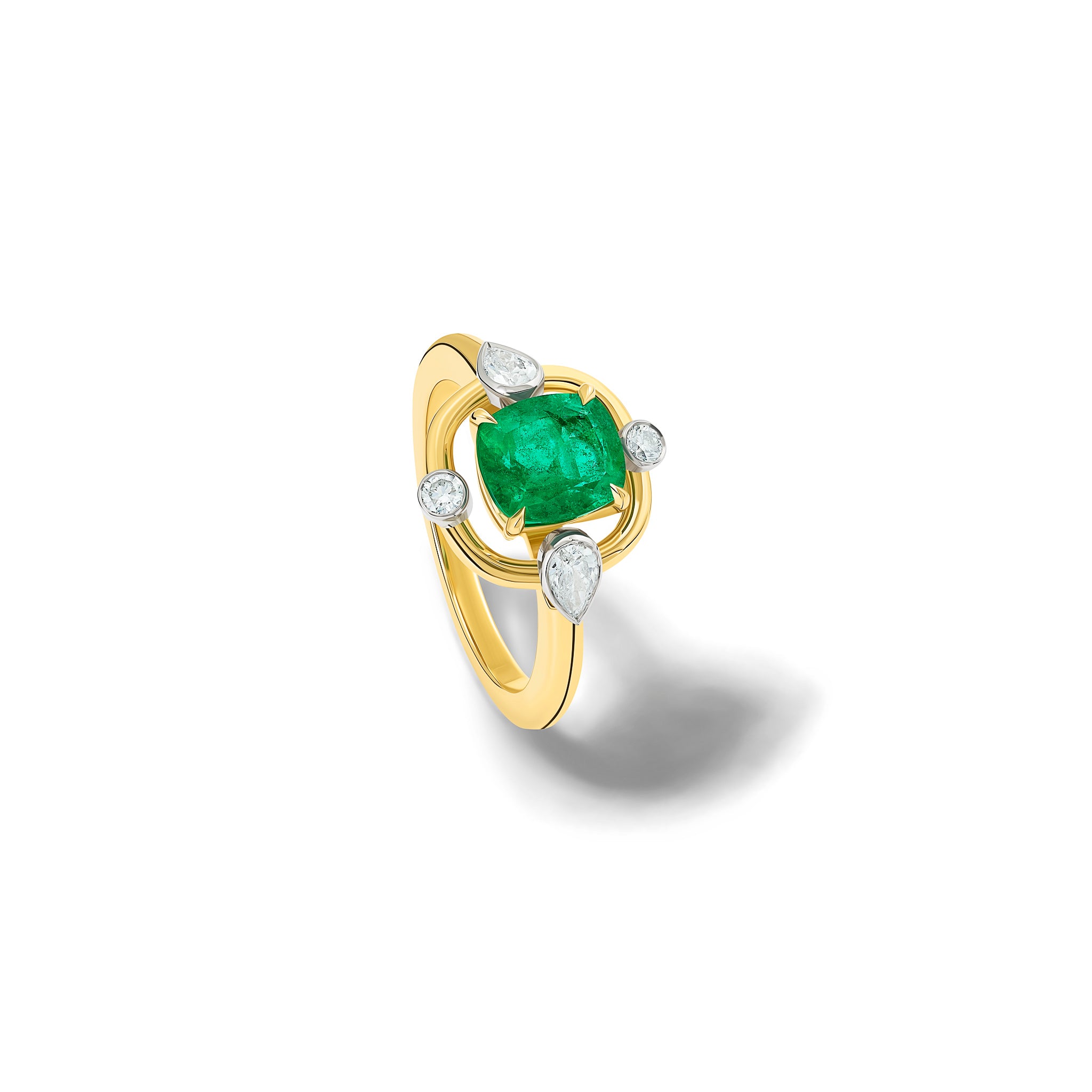 Handcrafted 18ct yellow gold ring featuring a central emerald with two small round diamonds and two teardrop shaped diamonds.