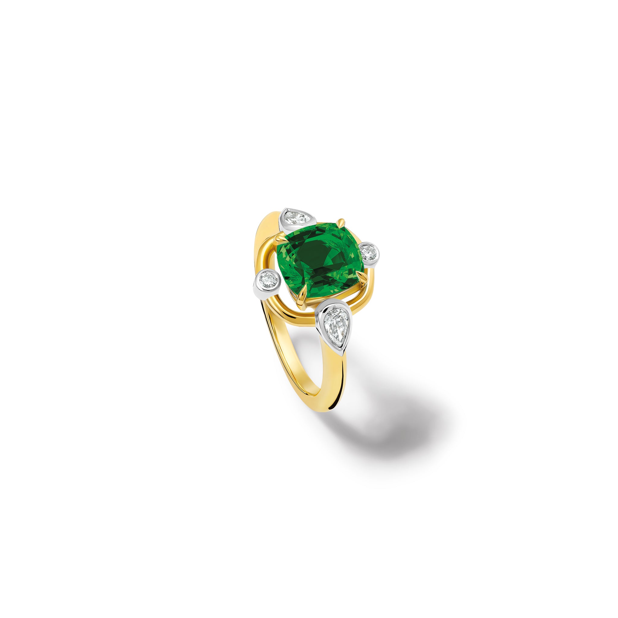 Handmade 18ct yellow gold engagement ring ring featuring a green tourmaline at its center, surrounded by four smaller diamonds, two teardrop-shaped. 