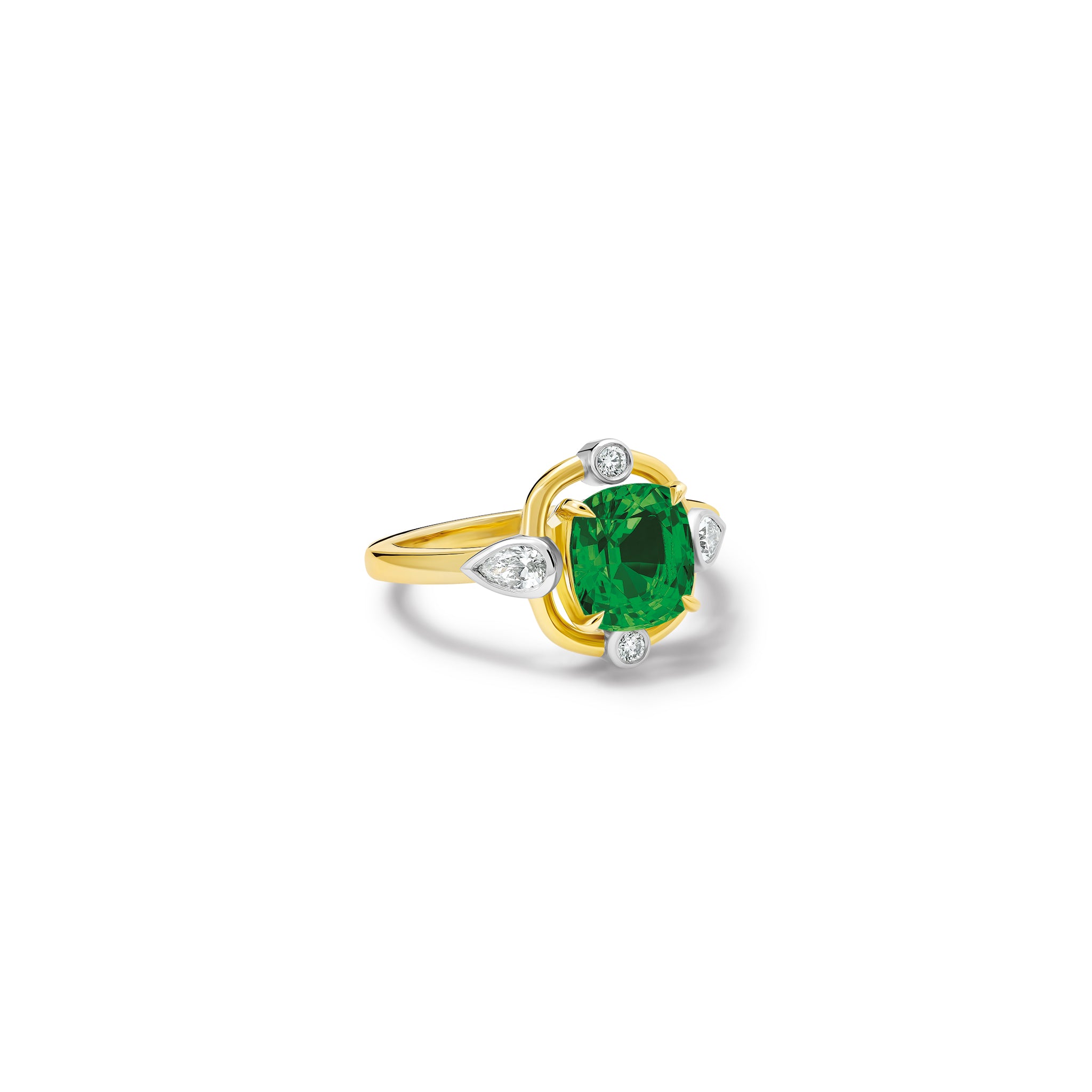 Handmade 18ct yellow gold engagement ring ring featuring a green tourmaline at its center, surrounded by four smaller diamonds, two teardrop-shaped. 