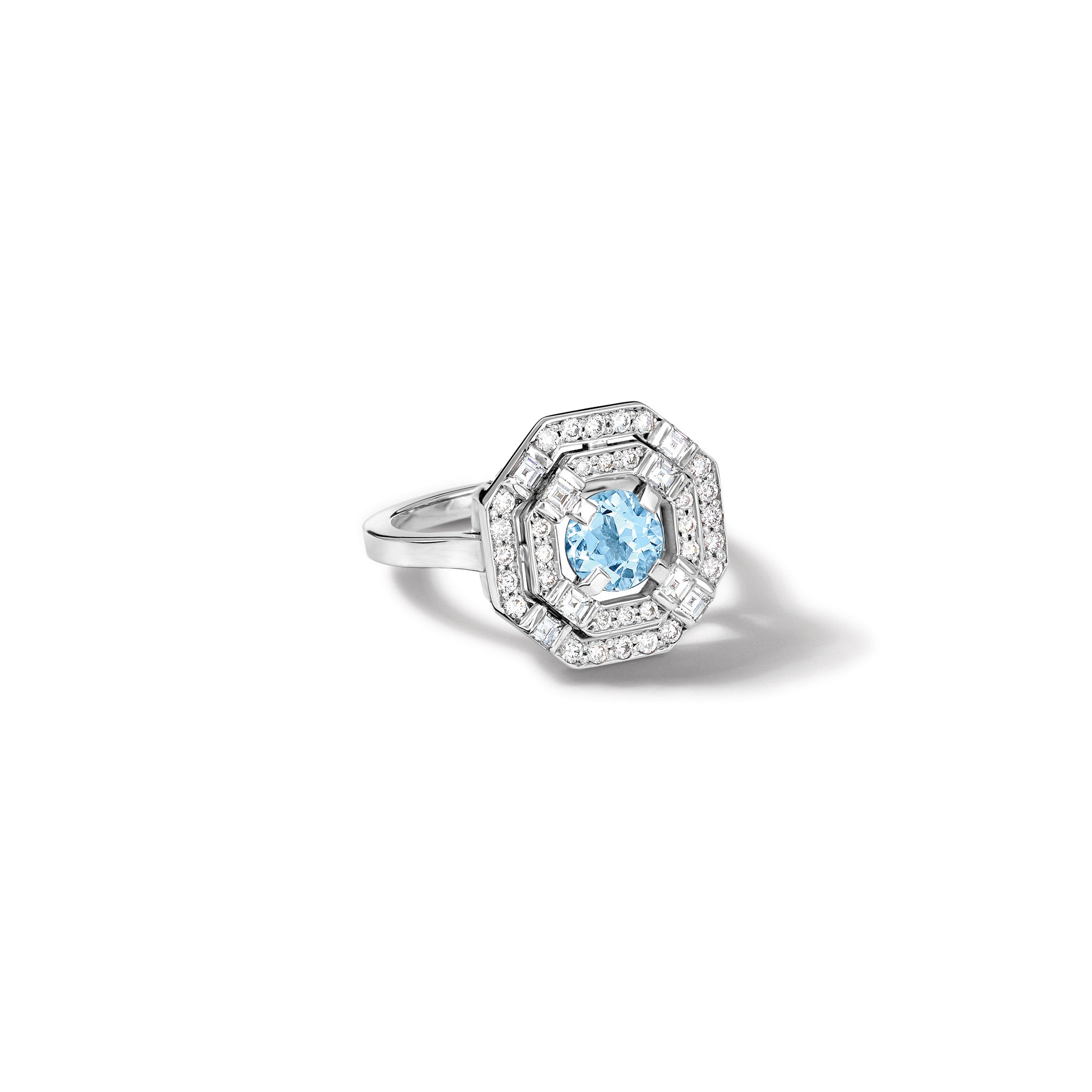 Handcrafted 18ct white gold engagement ring featuring a central square-cut aquamarine, surrounded by two tiers of small round diamonds set in a hexagonal pattern.