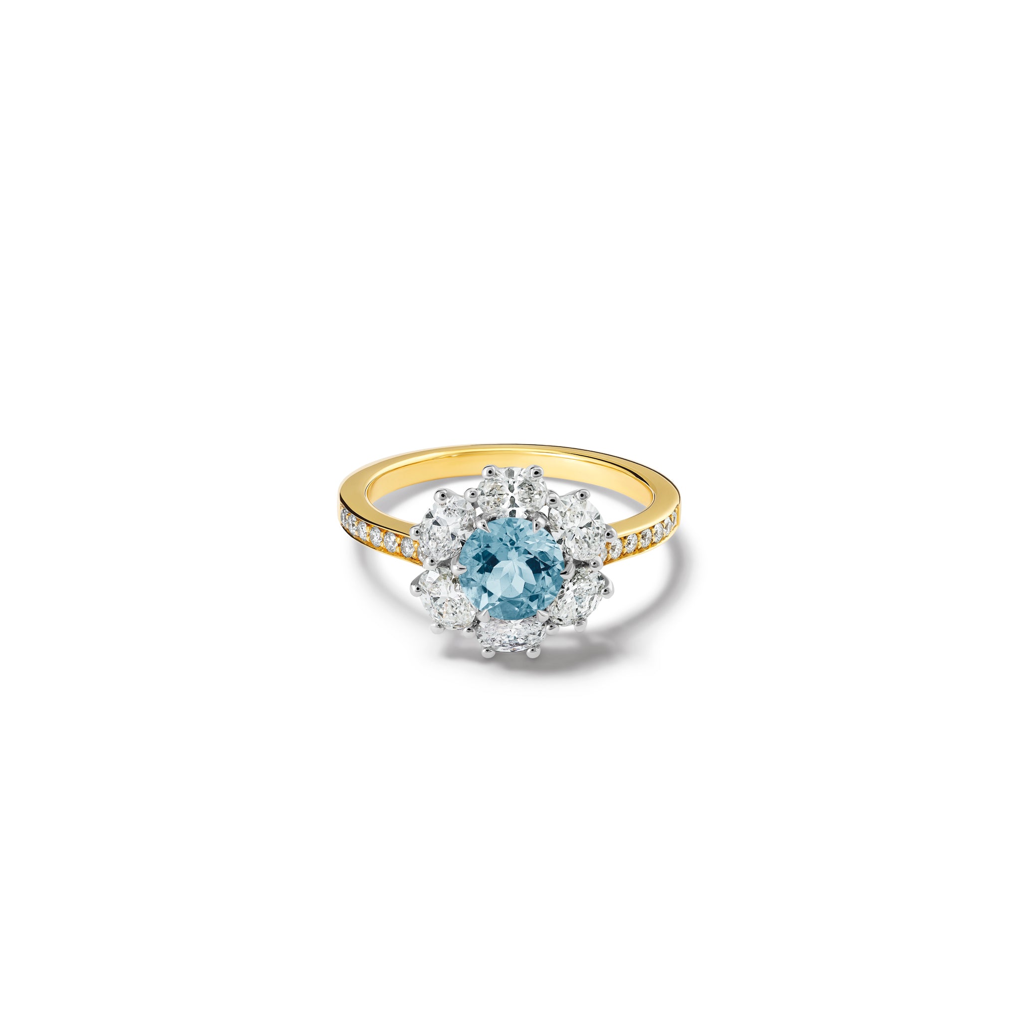 Handcrafted 18ct yellow gold engagement engagement ring showcasing a central aquamarine encircled by a halo of diamonds and with smaller diamonds embedded along the band.