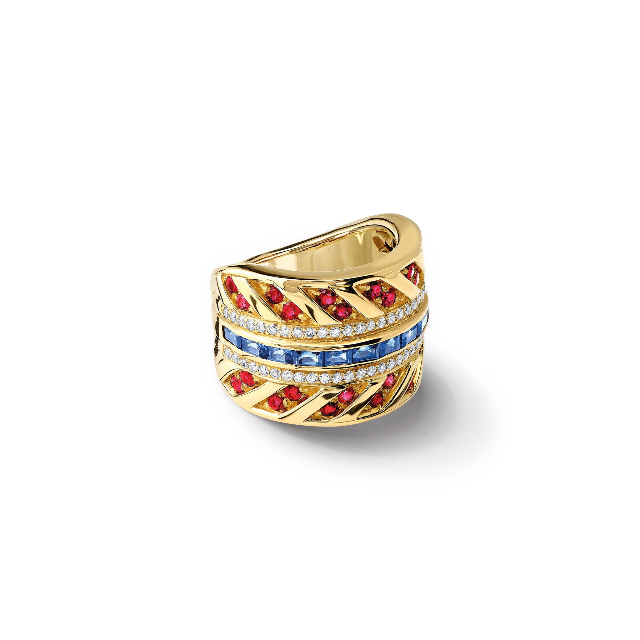 Handcrafted 18ct yellow gold ring featuring sapphires, rubies and diamonds.