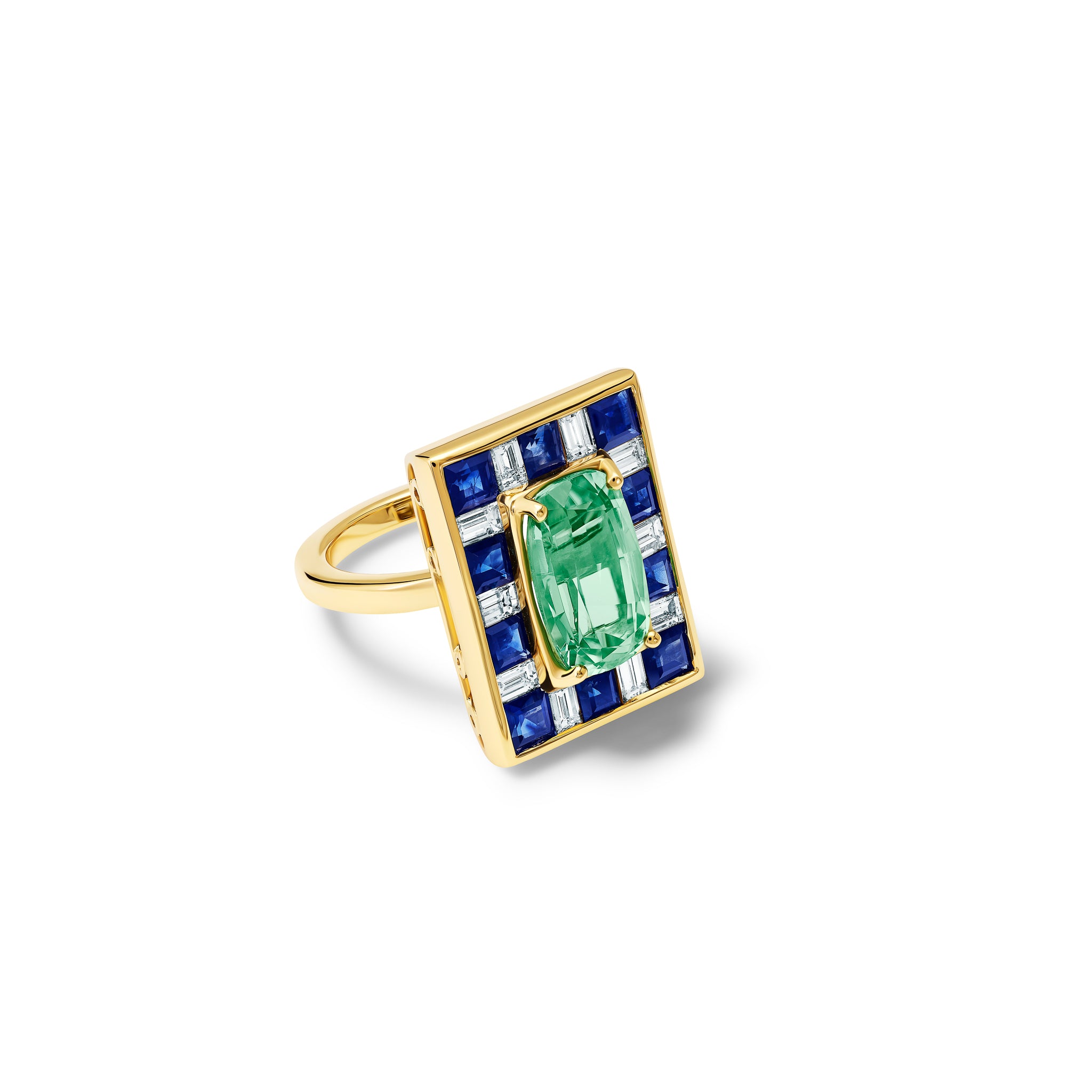 Handcrafted 18ct yellow gold ring featuring a rectangular shape with a tourmaline surrounded by square sapphires and diamonds.