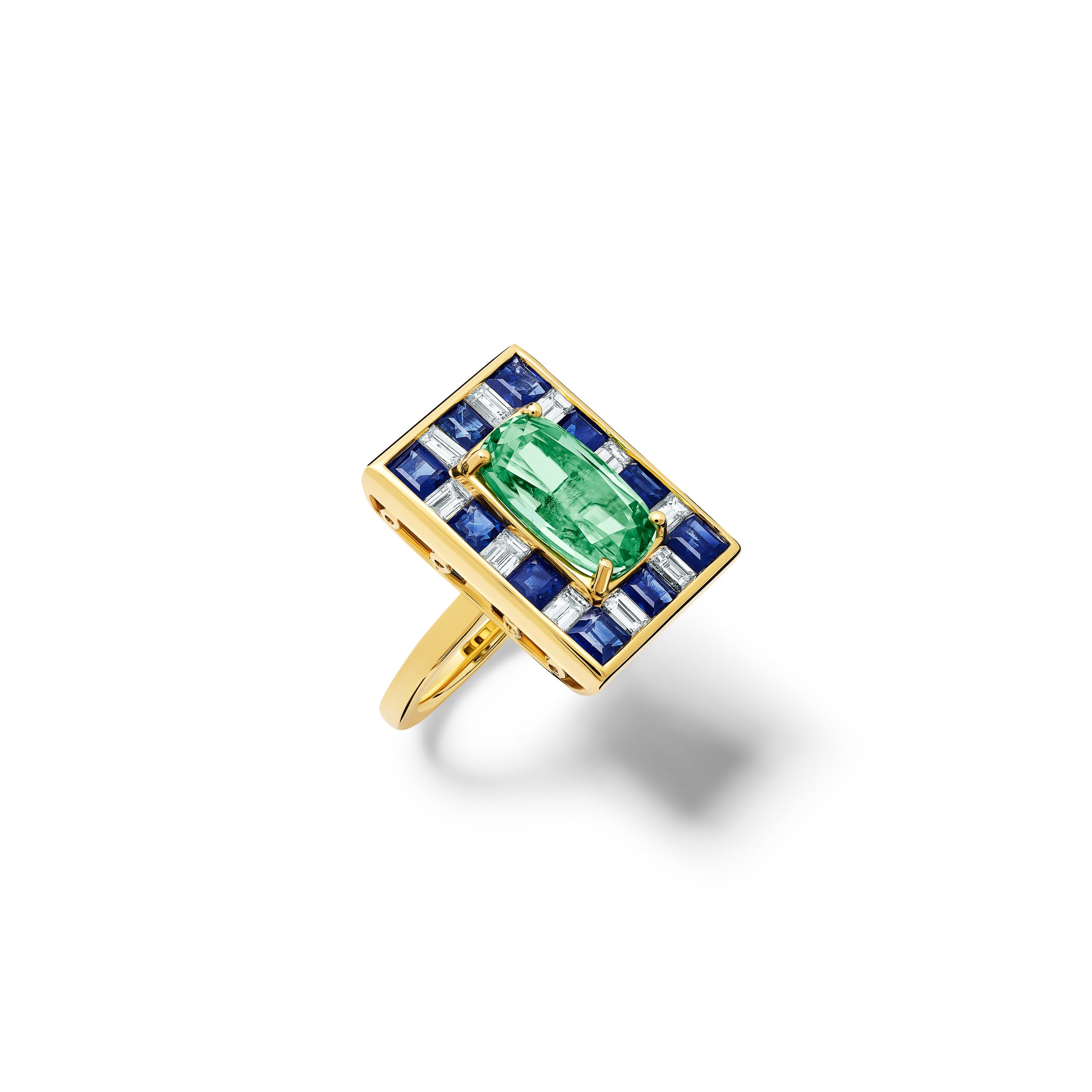 Handcrafted 18ct yellow gold ring featuring a rectangular shape with a tourmaline surrounded by square sapphires and diamonds.