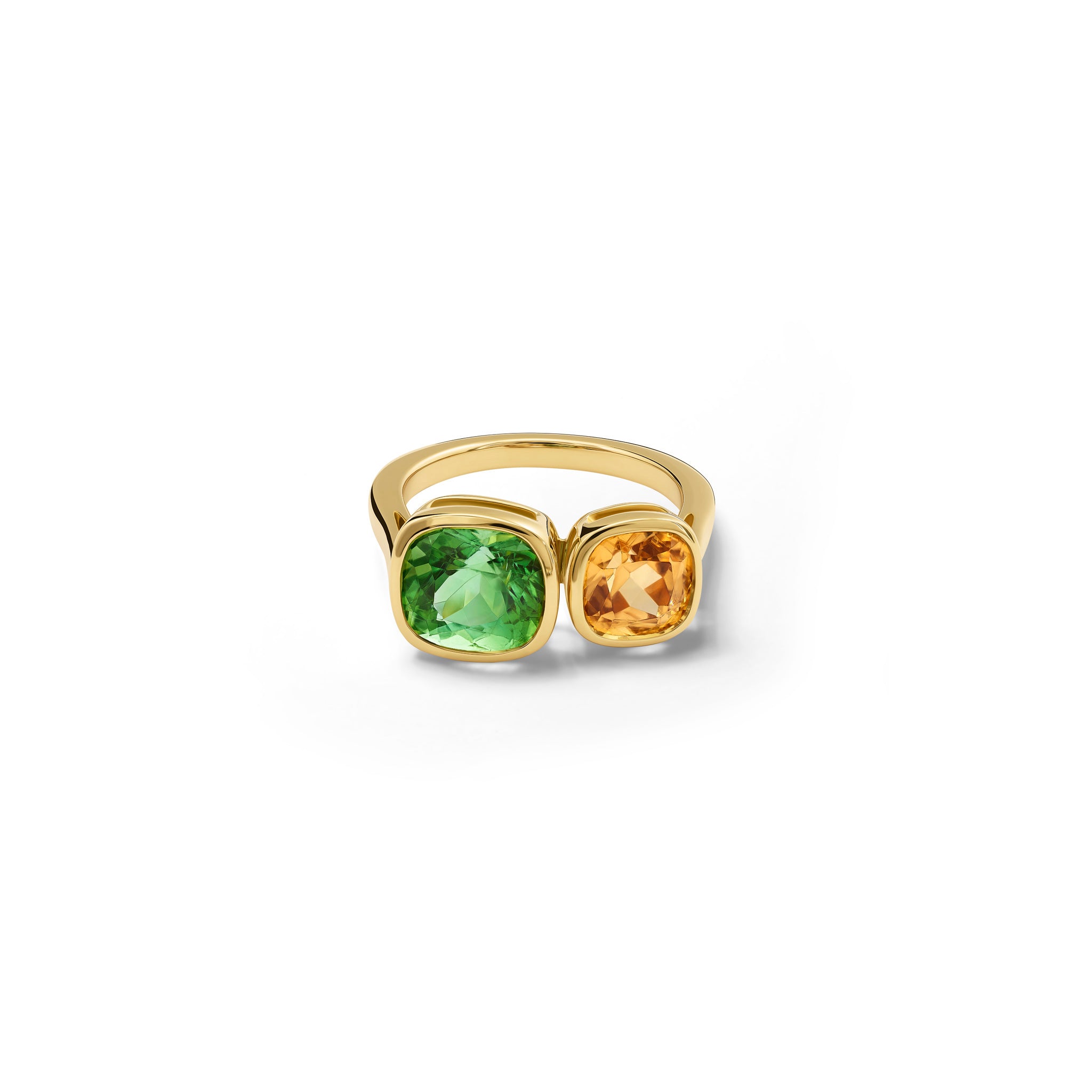 Handcrafted 18ct yellow gold engagement ring featuring a square-cut mint tourmaline on the left and a square-cut zircon on the right.