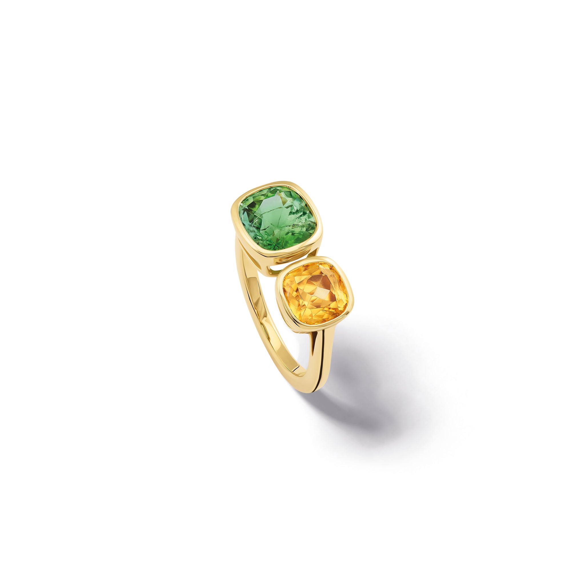 Handcrafted 18ct yellow gold engagement ring featuring a square-cut mint tourmaline on the left and a square-cut zircon on the right.