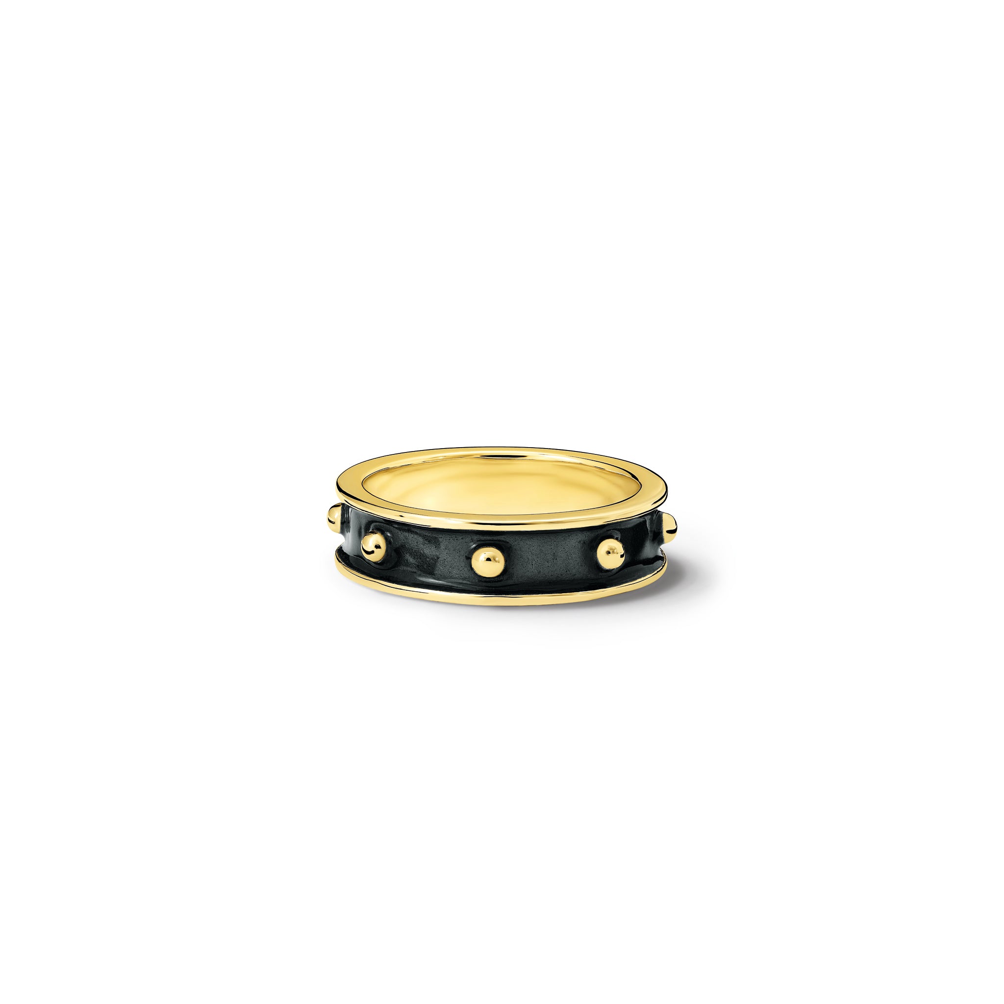 Handcrafted yellow gold ring with evenly spaced, protruding round dots with black enamel.