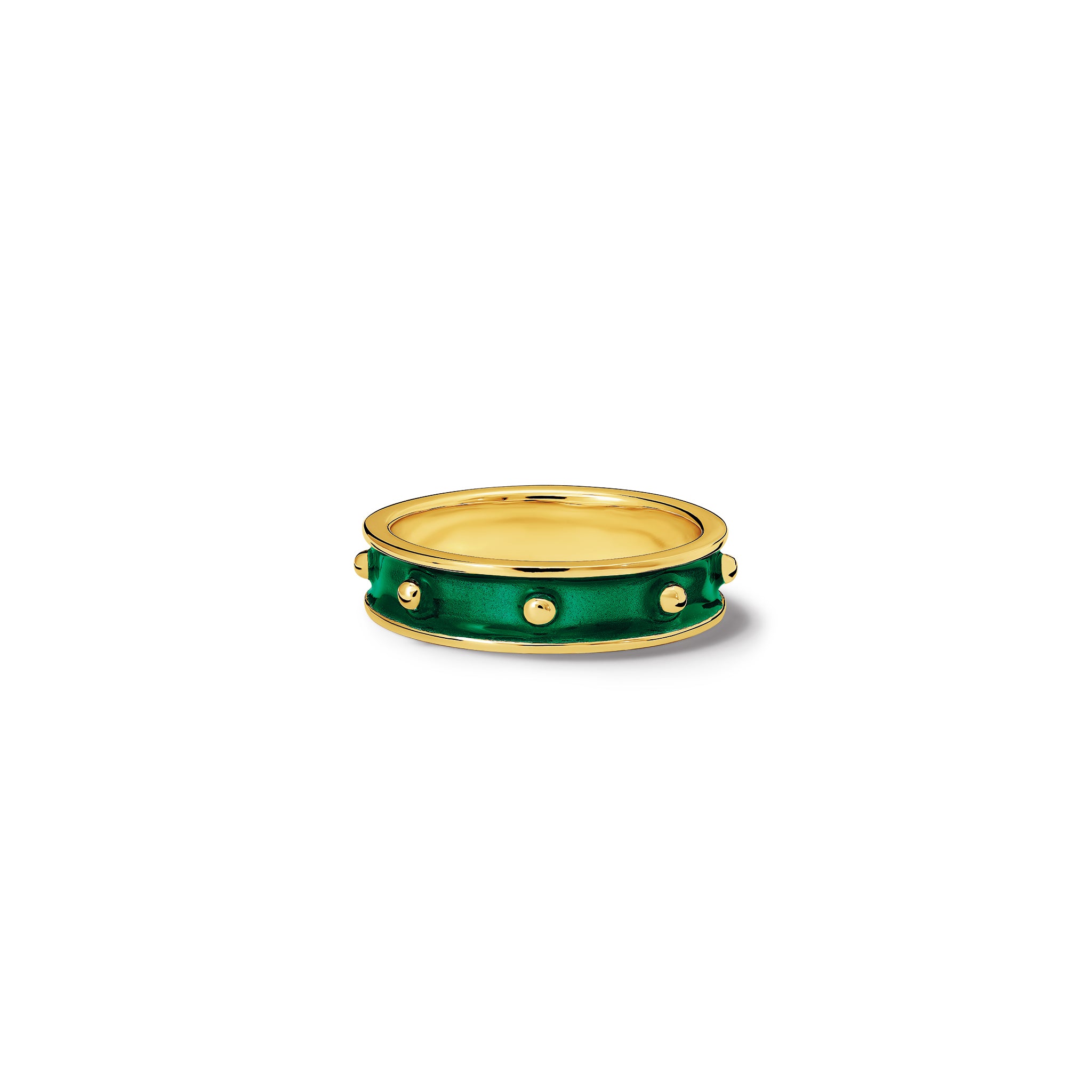 Handcrafted 18ct yellow gold ring with evenly spaced, protruding round dots with emerald green enamel.