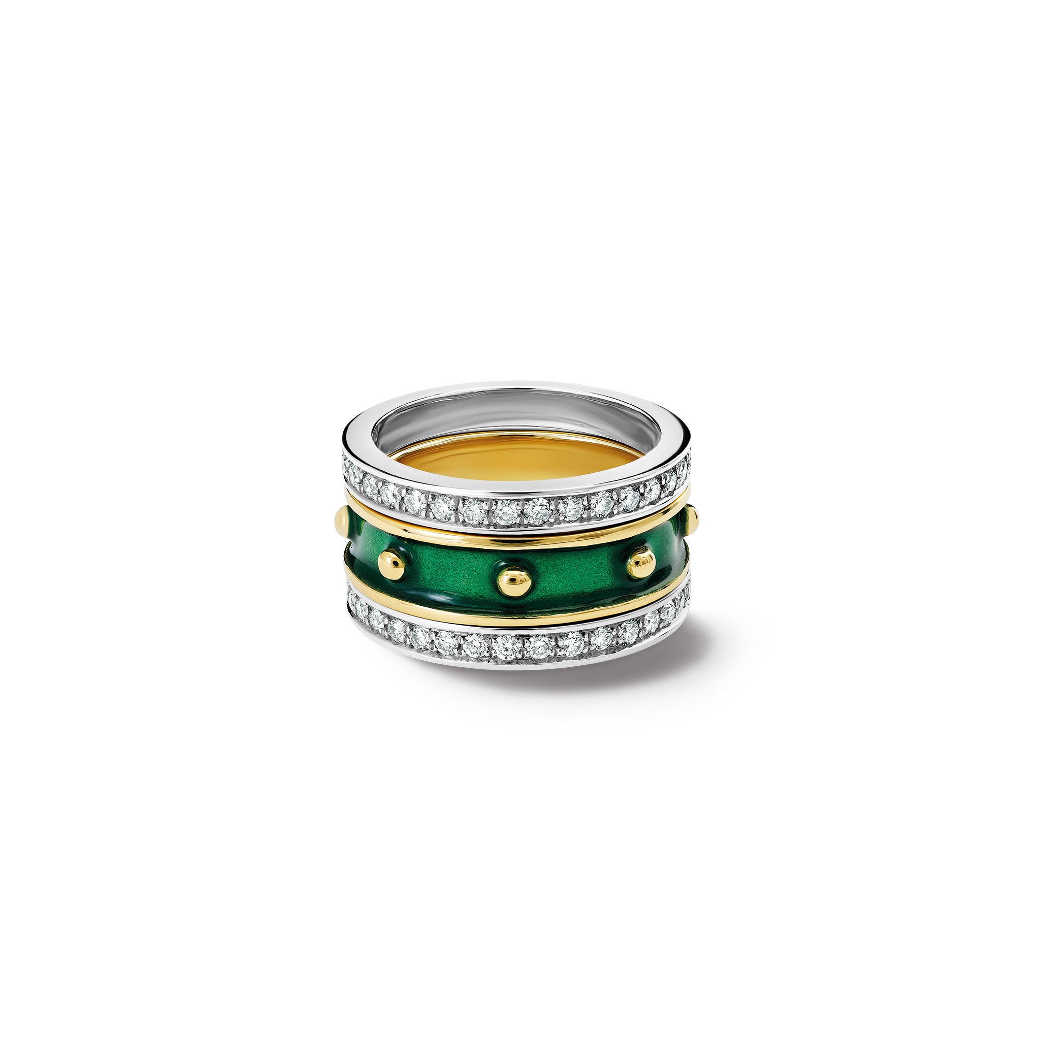 Handcrafted 18ct yellow gold ring with evenly spaced, protruding round dots with emerald green enamel and two diamond bands either side.