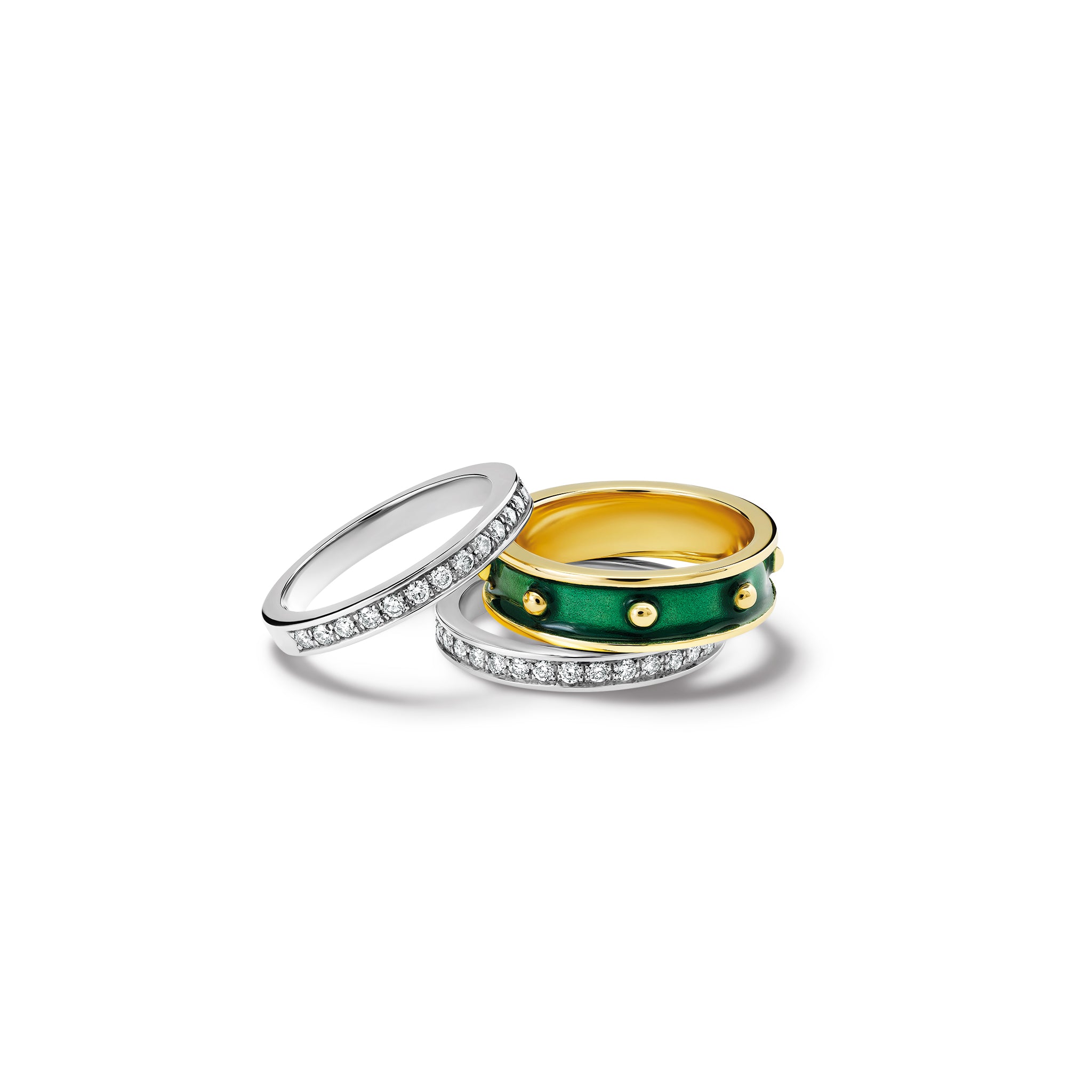 Handcrafted 18ct yellow gold ring with evenly spaced, protruding round dots with emerald green enamel with two diamond bands either side.