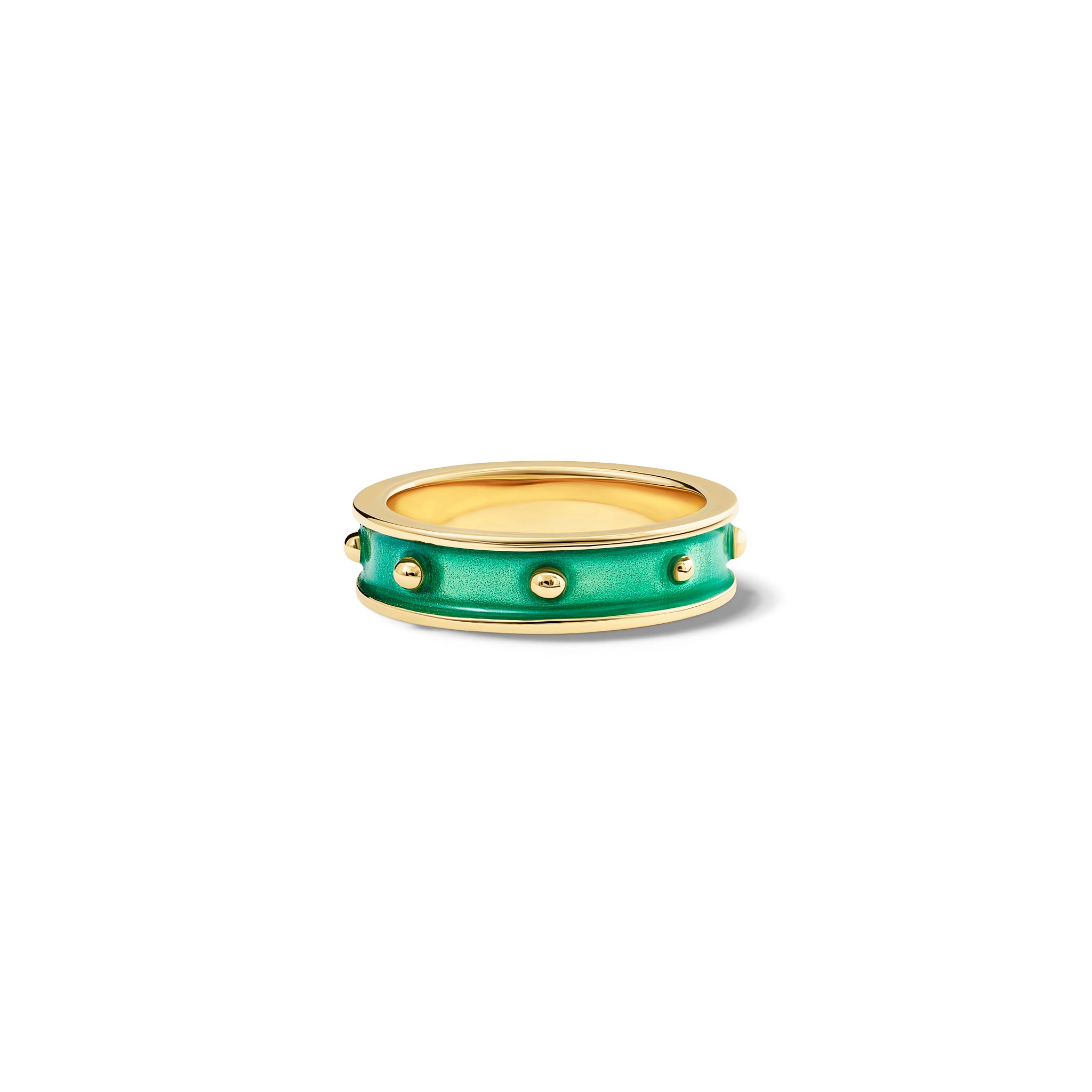 Handcrafted yellow gold rings with evenly spaced, protruding round dots with turquoise enamel.