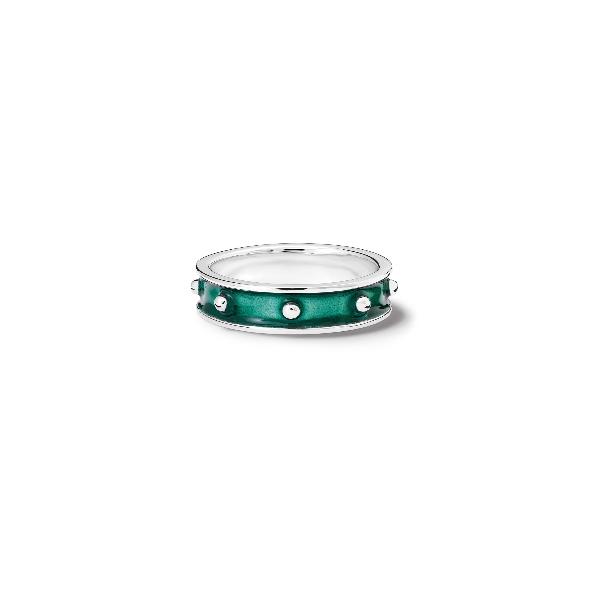 Handcrafted sterling silver ring with evenly spaced, protruding round dots with emerald green enamel.