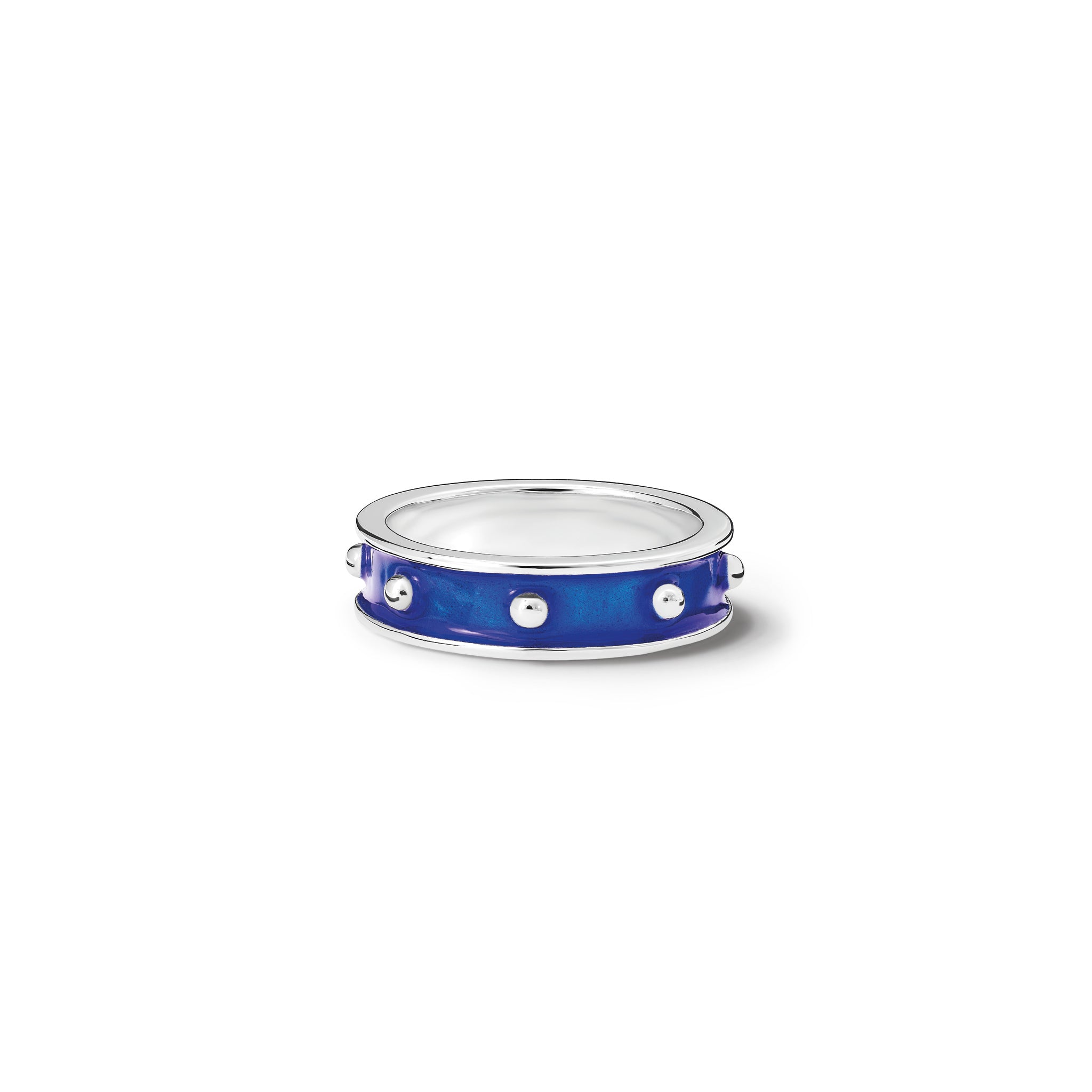 Handcrafted sterling silver ring with evenly spaced, protruding round dots with dark blue enamel.