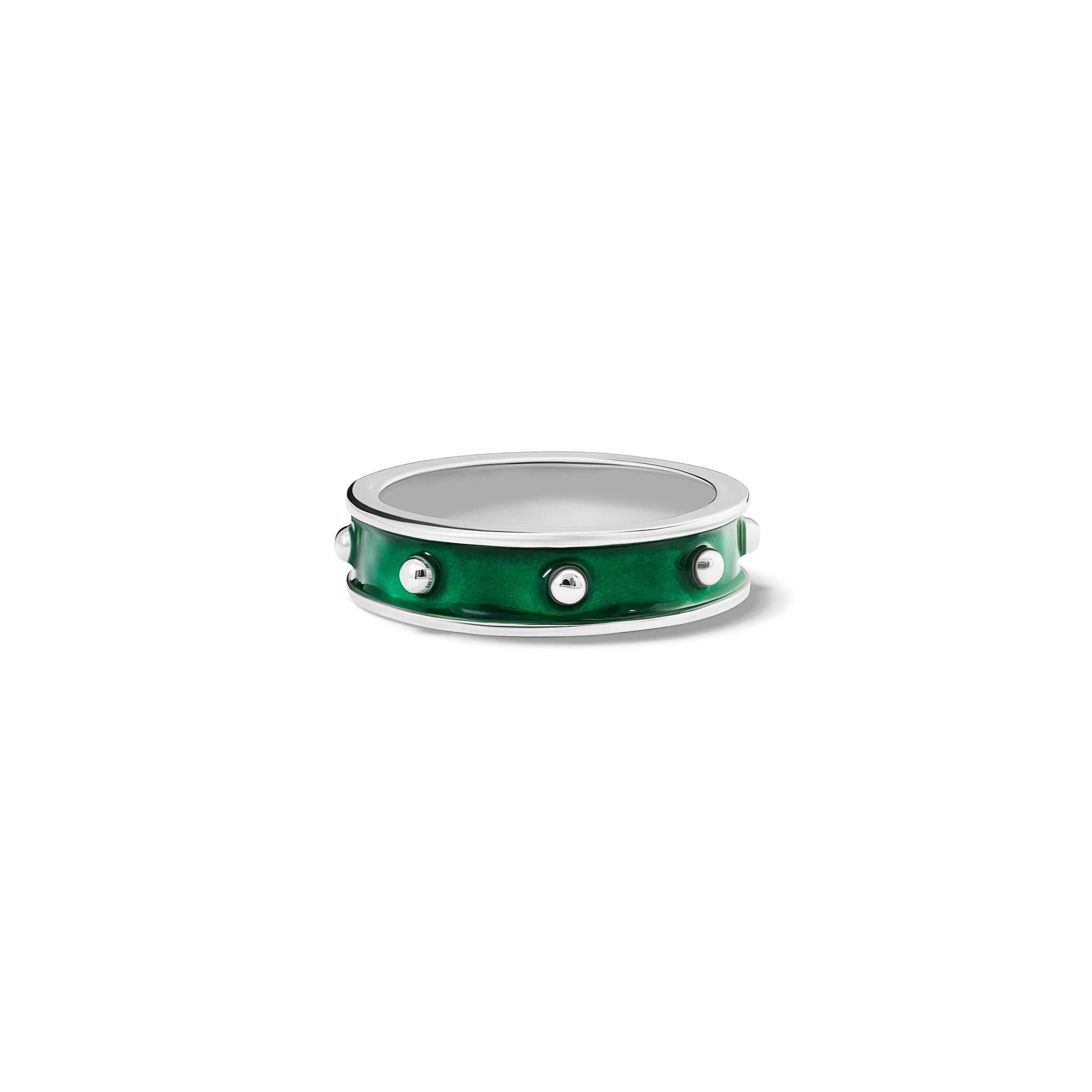 Handcrafted sterling silver ring with evenly spaced, protruding round dots with emerald green enamel.