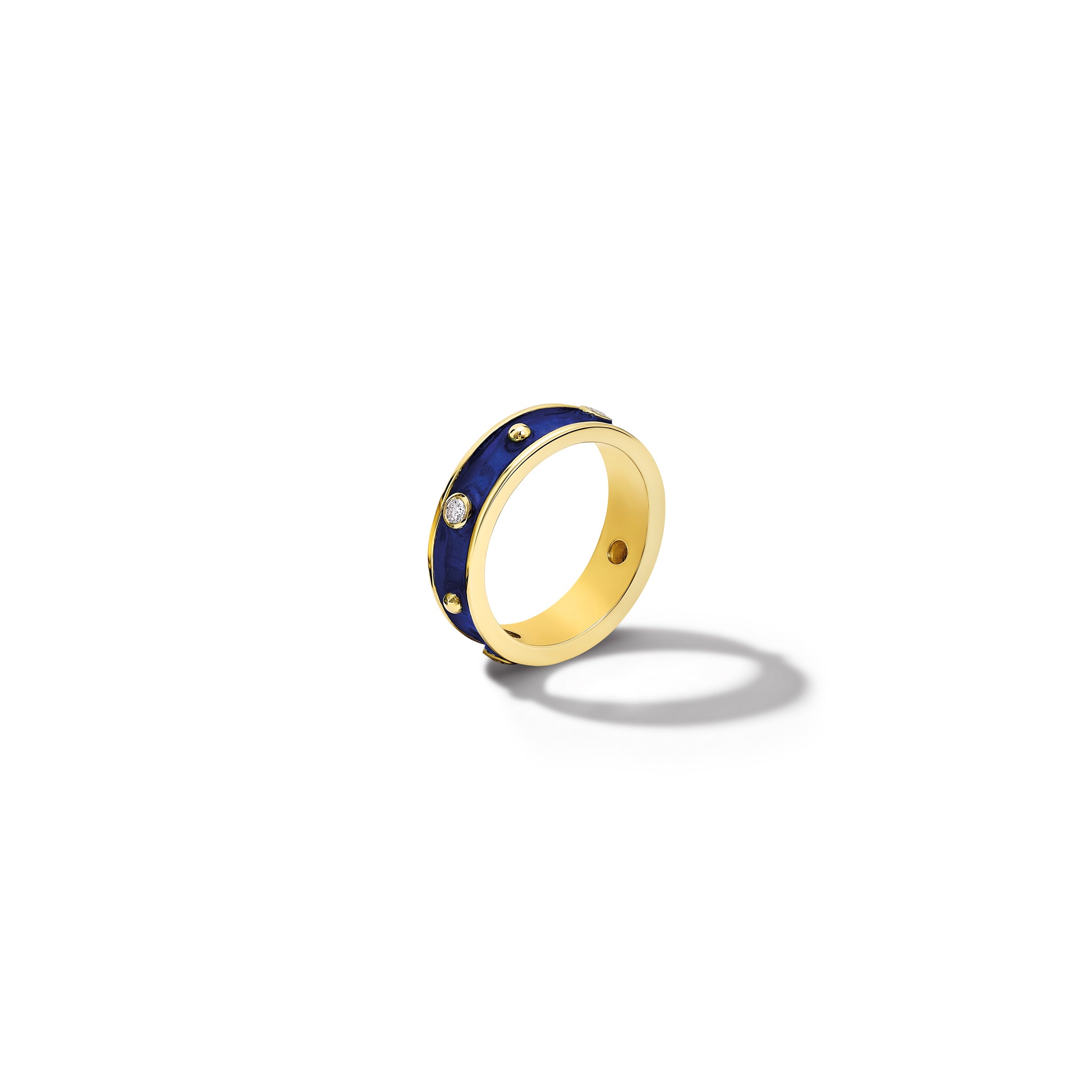 Handcrafted 18ct yellow gold ring with evenly spaced, protruding round dots with dark blue enamel and diamond.