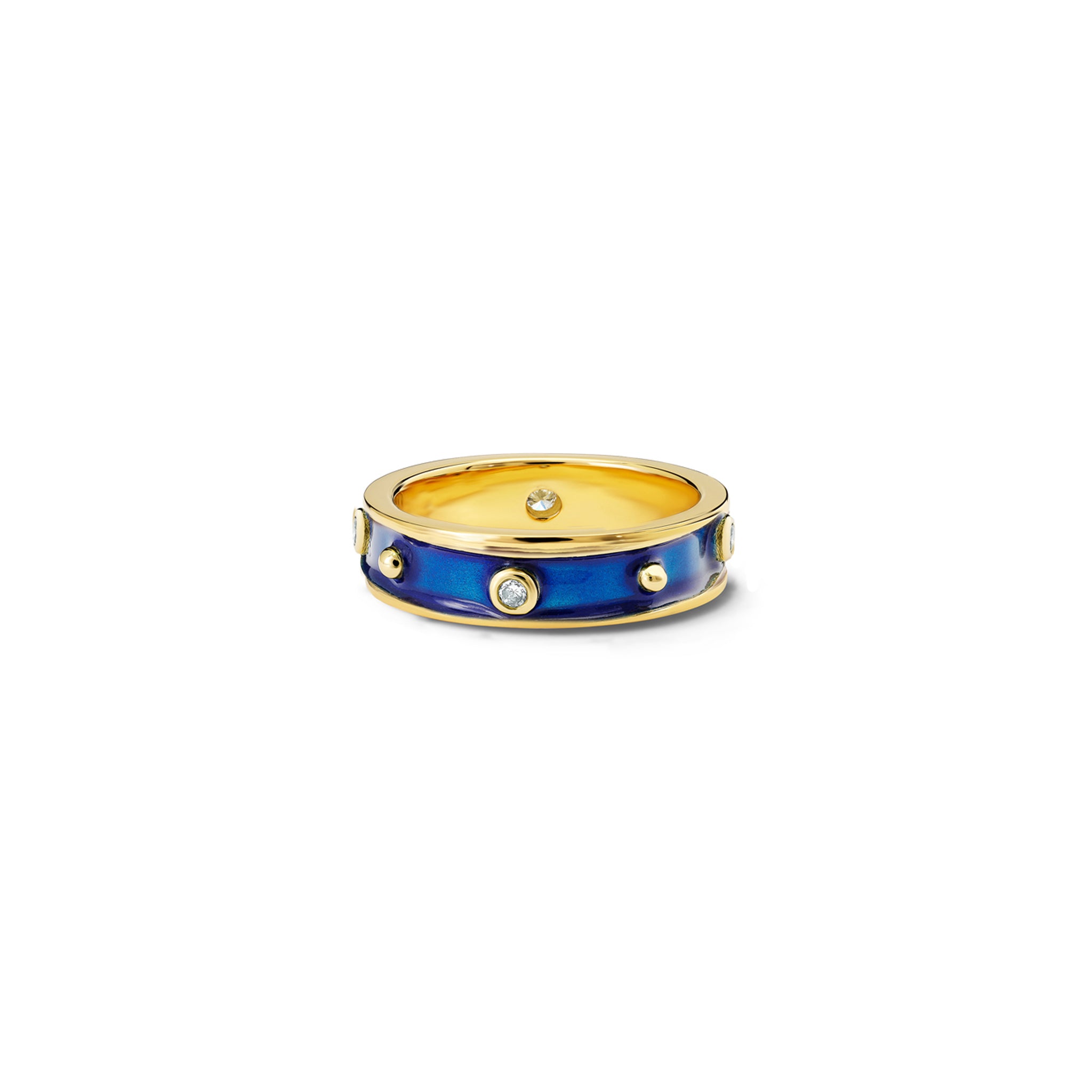 Handcrafted 18ct yellow gold ring with evenly spaced, protruding round dots with dark blue enamel and diamond.