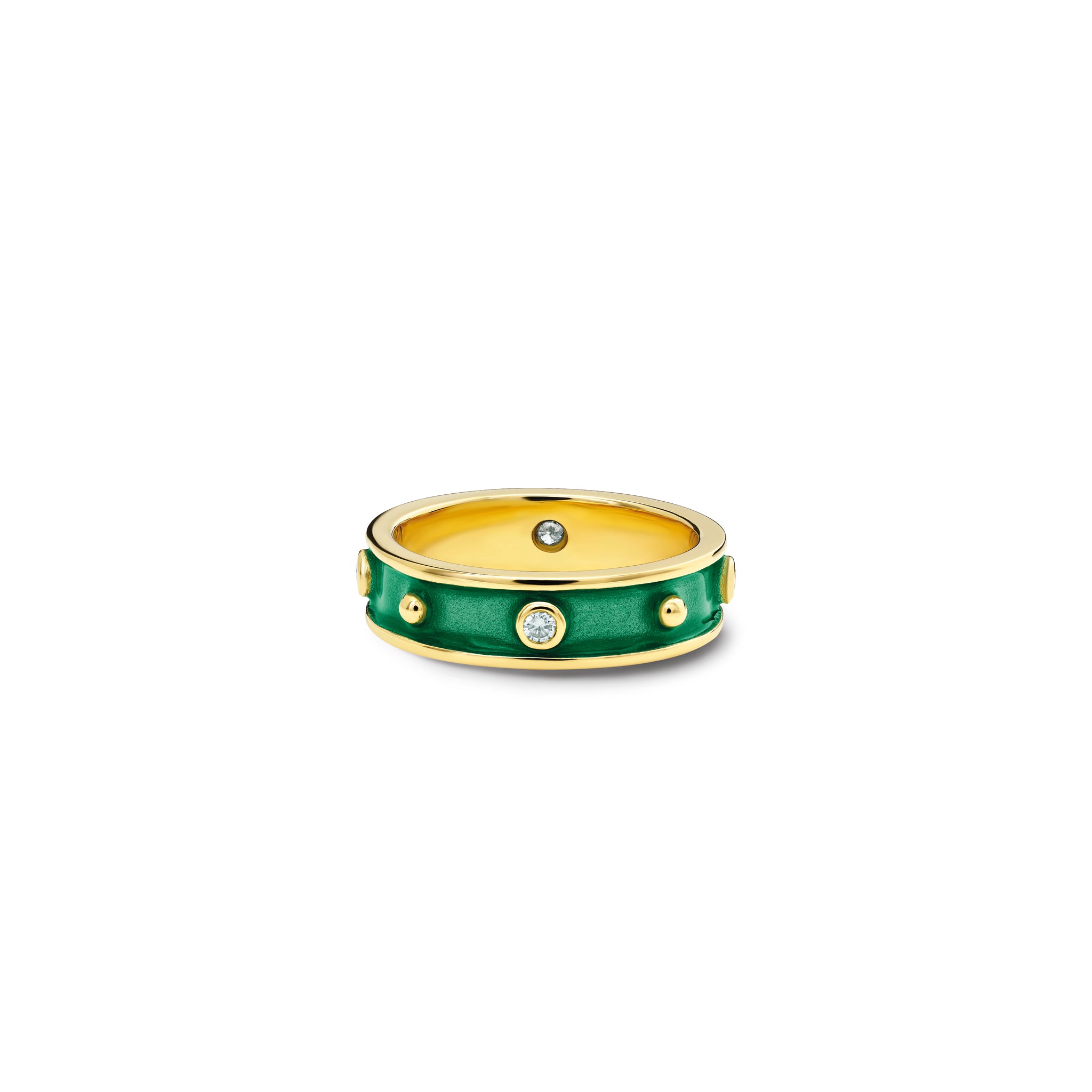 Handcrafted 18ct yellow gold ring with evenly spaced, protruding round dots with emerald green enamel and diamond.