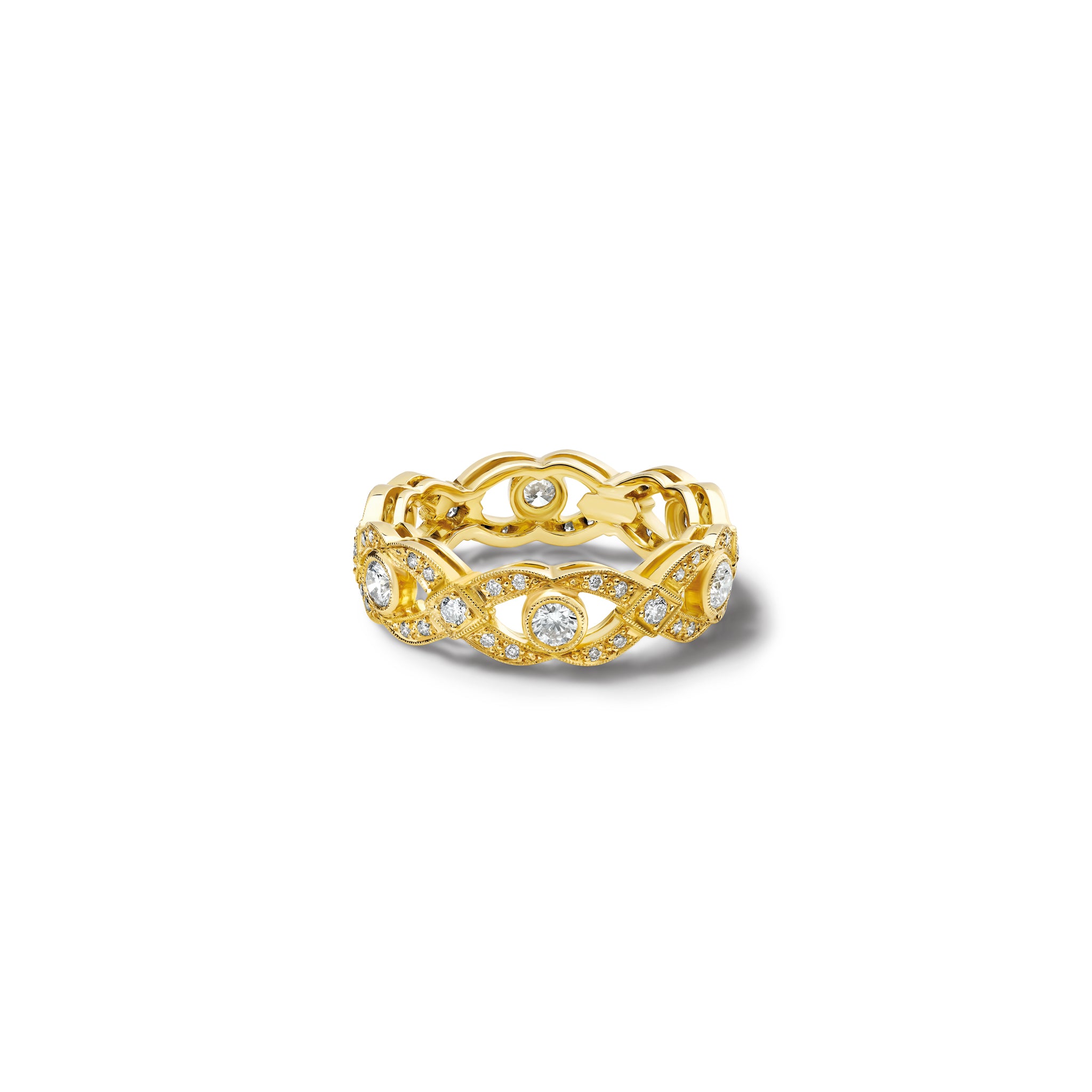 Handcrafted 18ct yellow gold engagement engagement ring with a looping pattern, set with round-cut diamonds. 