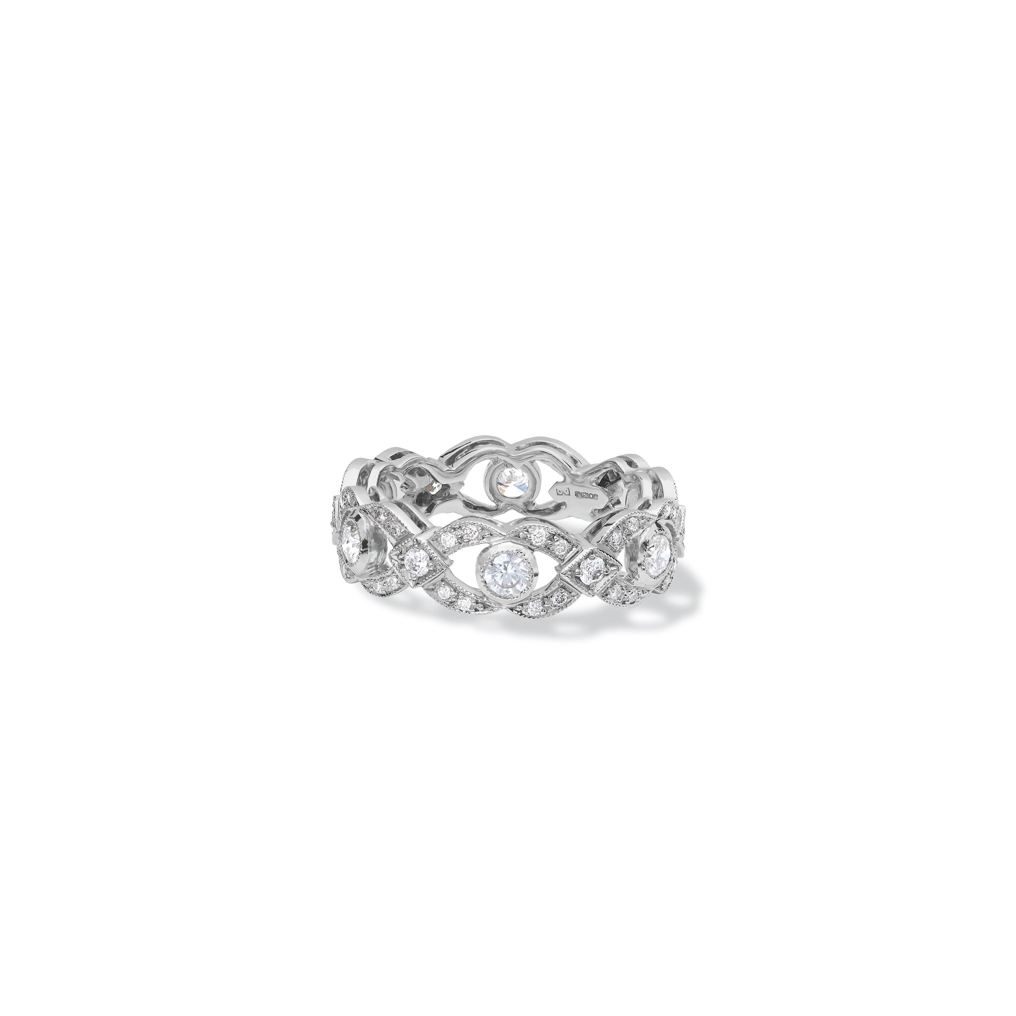 Handcrafted 18ct white gold engagement engagement ring with a looping pattern, set with round-cut diamonds. 