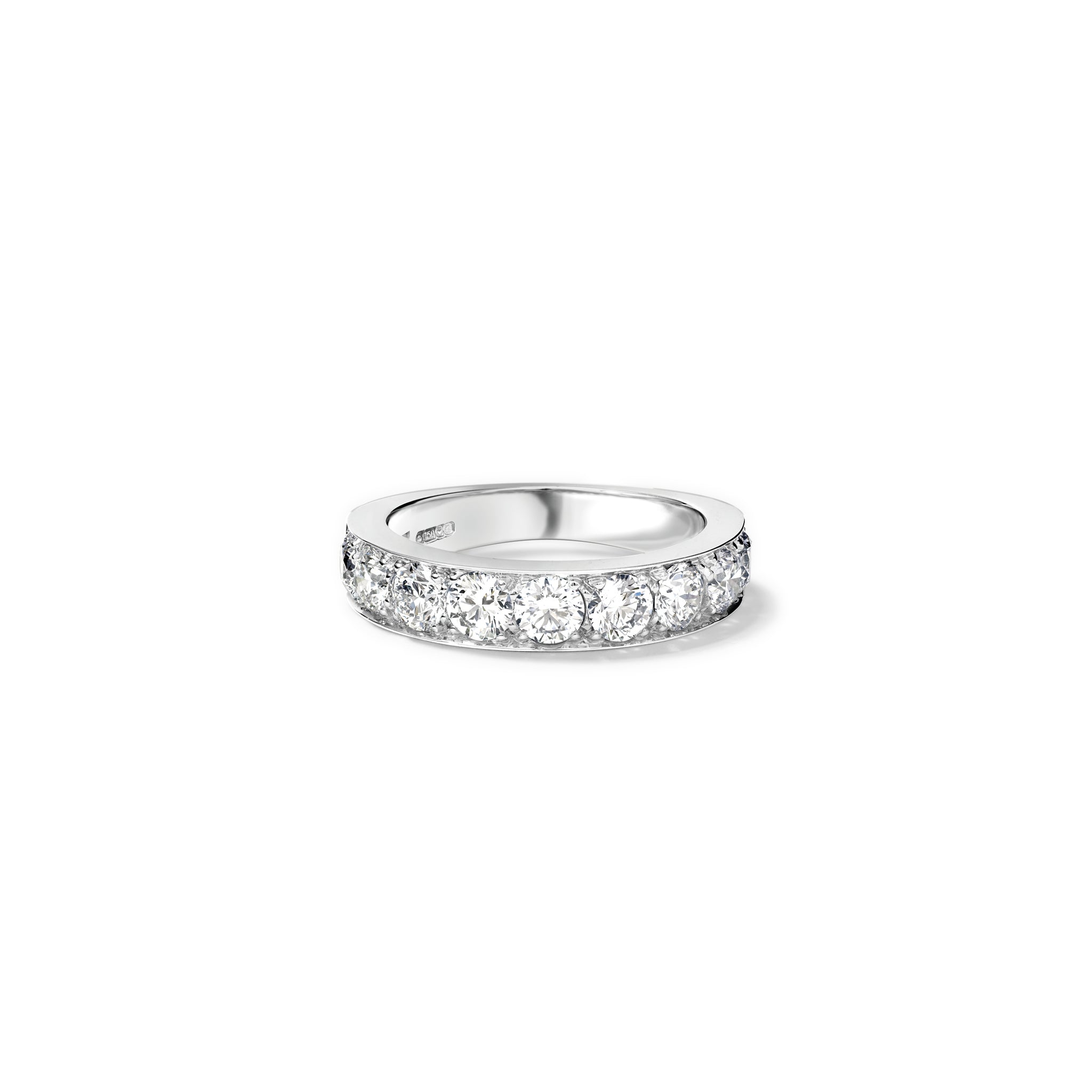 Handcrafted 18ct white gold wedding band set with diamonds along half of the band.