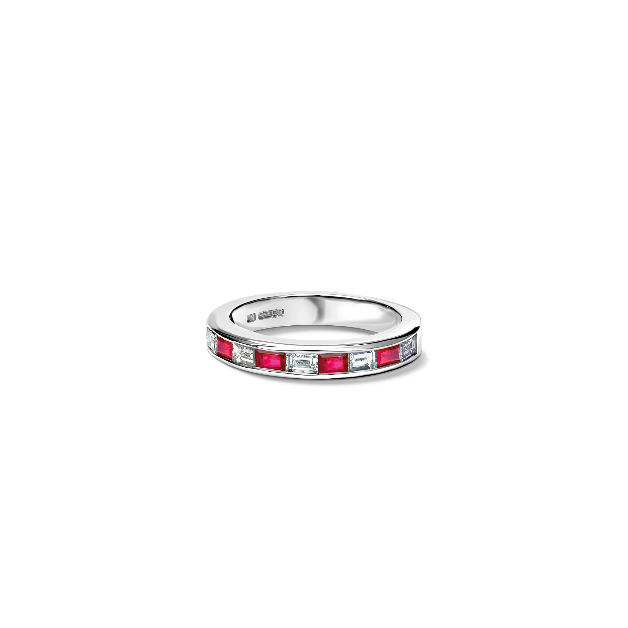 Handcrafted 18ct yellow gold half eternity ring with rubies and diamonds.