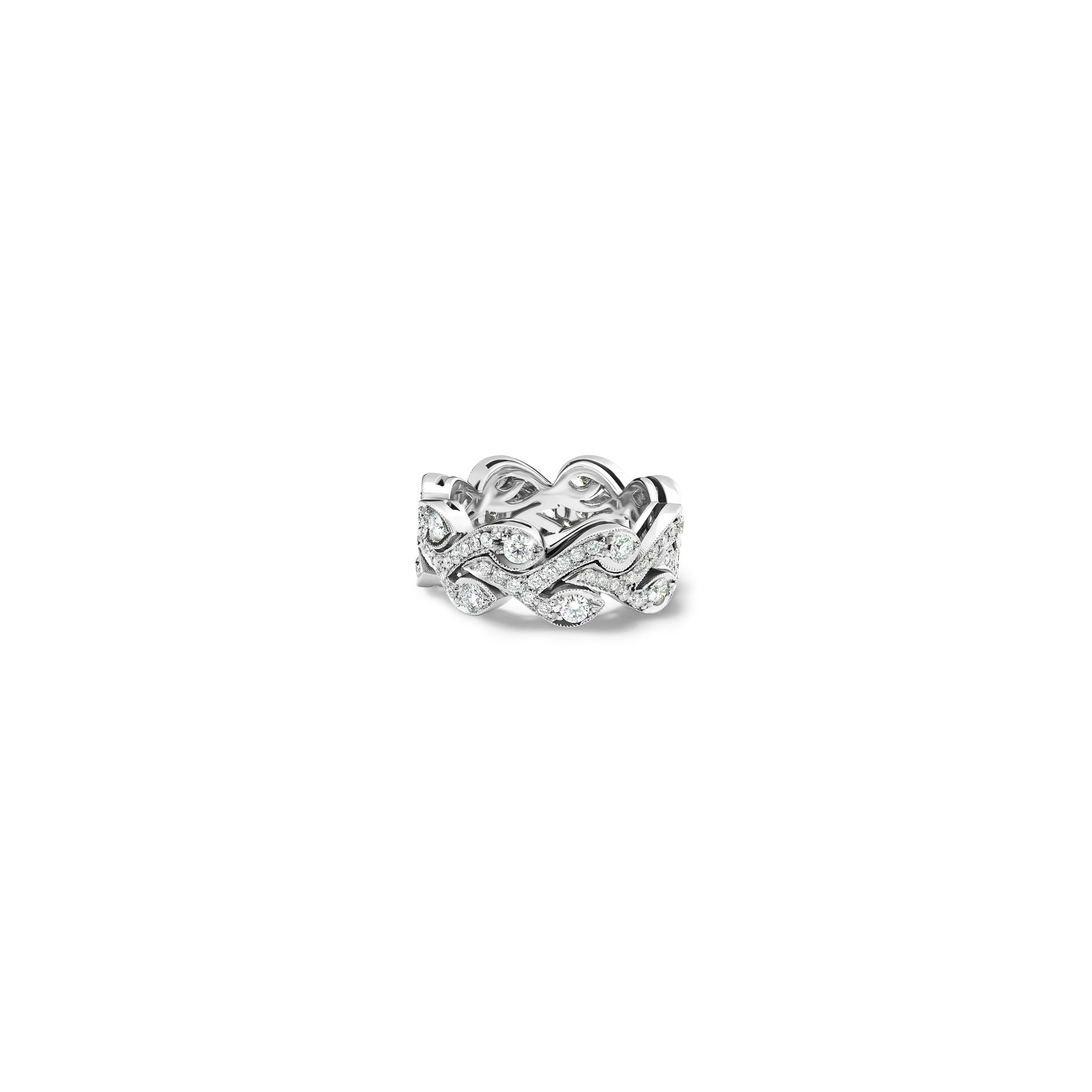 Handcrafted 18ct white gold engagement ring resembling rosemary sprigs, embellished with diamonds.