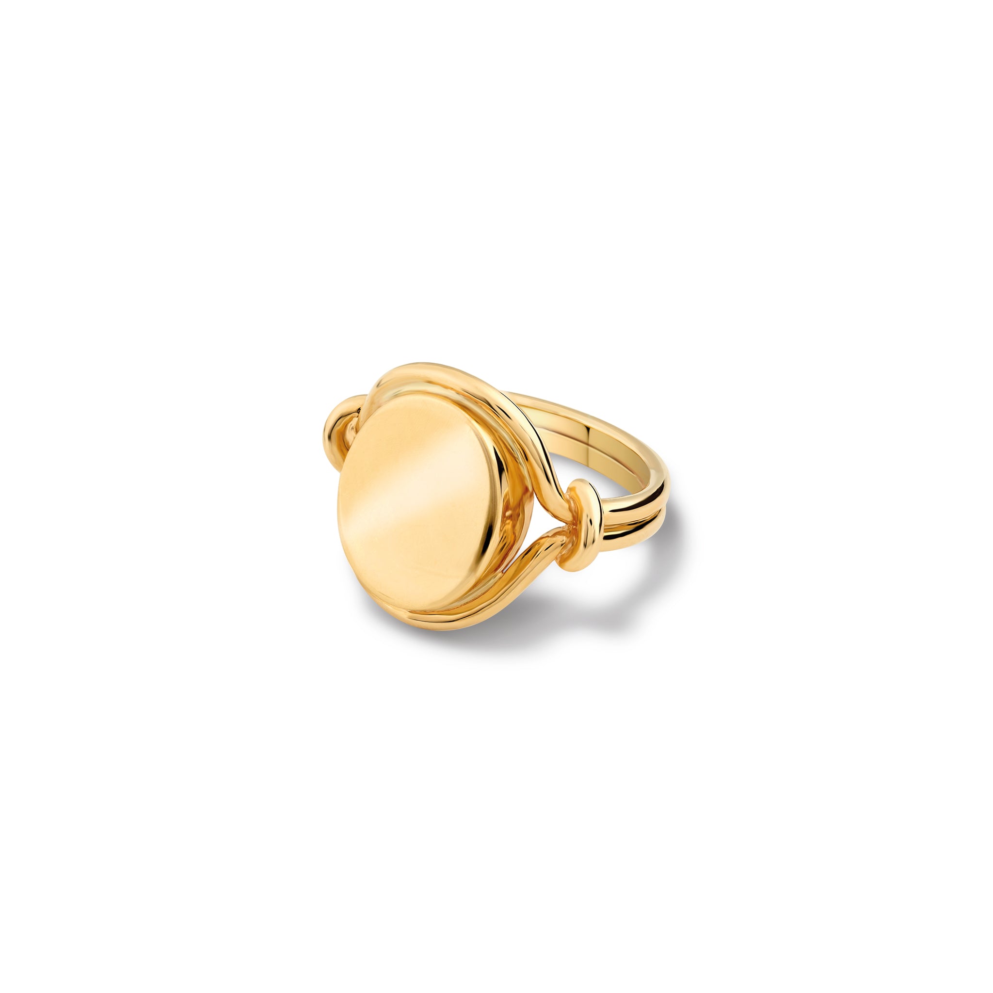 Handcrafted yellow gold signet ring featuring a smooth, round central disc with sleek, curved band accents.