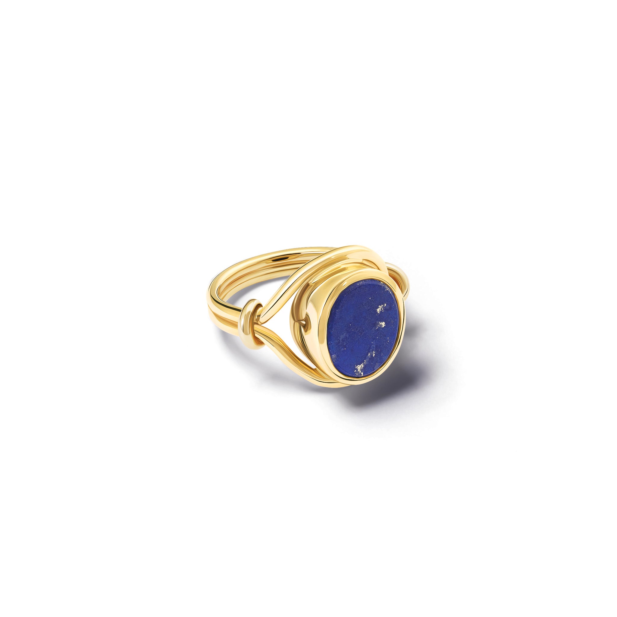 Handcrafted yellow gold signet ring featuring a smooth, round central disc of lapis lazuli with sleek, curved band accents.