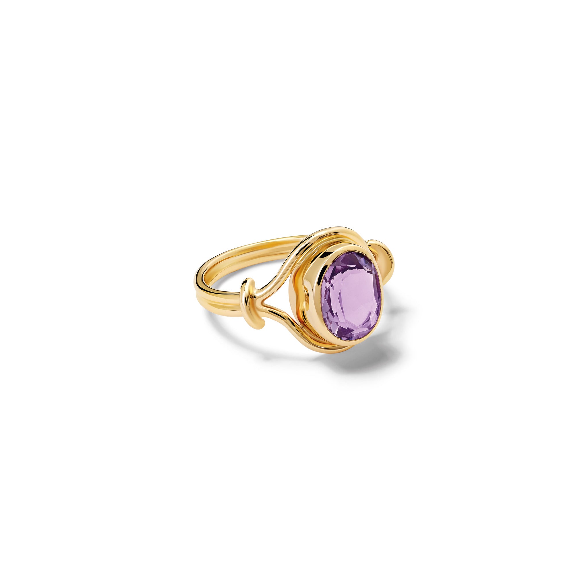 Handcrafted yellow gold signet ring featuring a smooth, round central disc of amethyst with sleek, curved band accents.