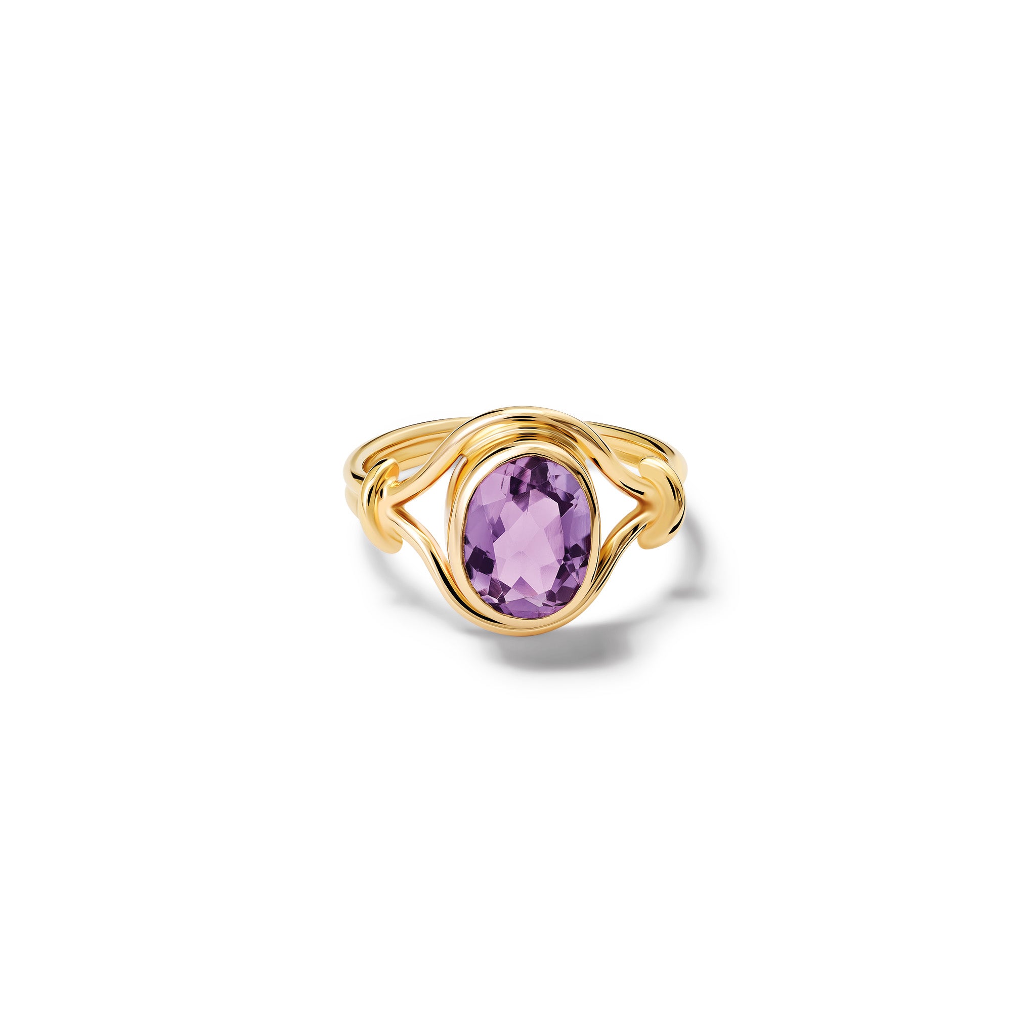 Handcrafted yellow gold signet ring featuring a smooth, round central disc of amethyst with sleek, curved band accents.