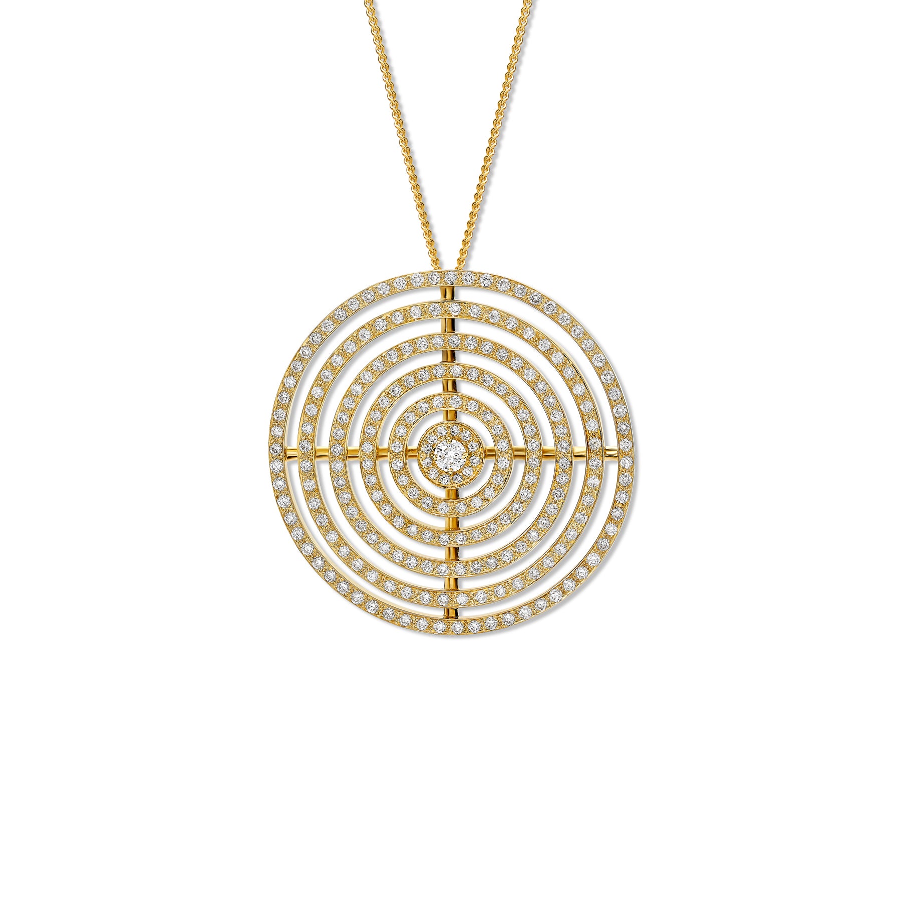 Handcrafted 18ct yellow gold necklace pendant featuring five rows of circles with diamonds.