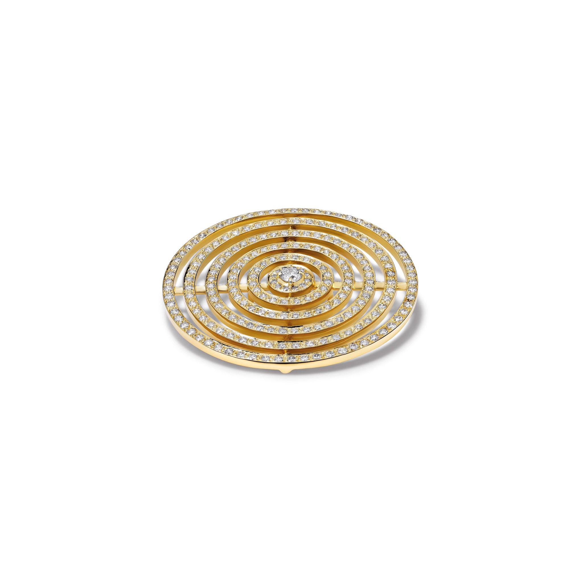 Handcrafted 18ct yellow gold necklace pendant featuring five rows of circles with diamonds.