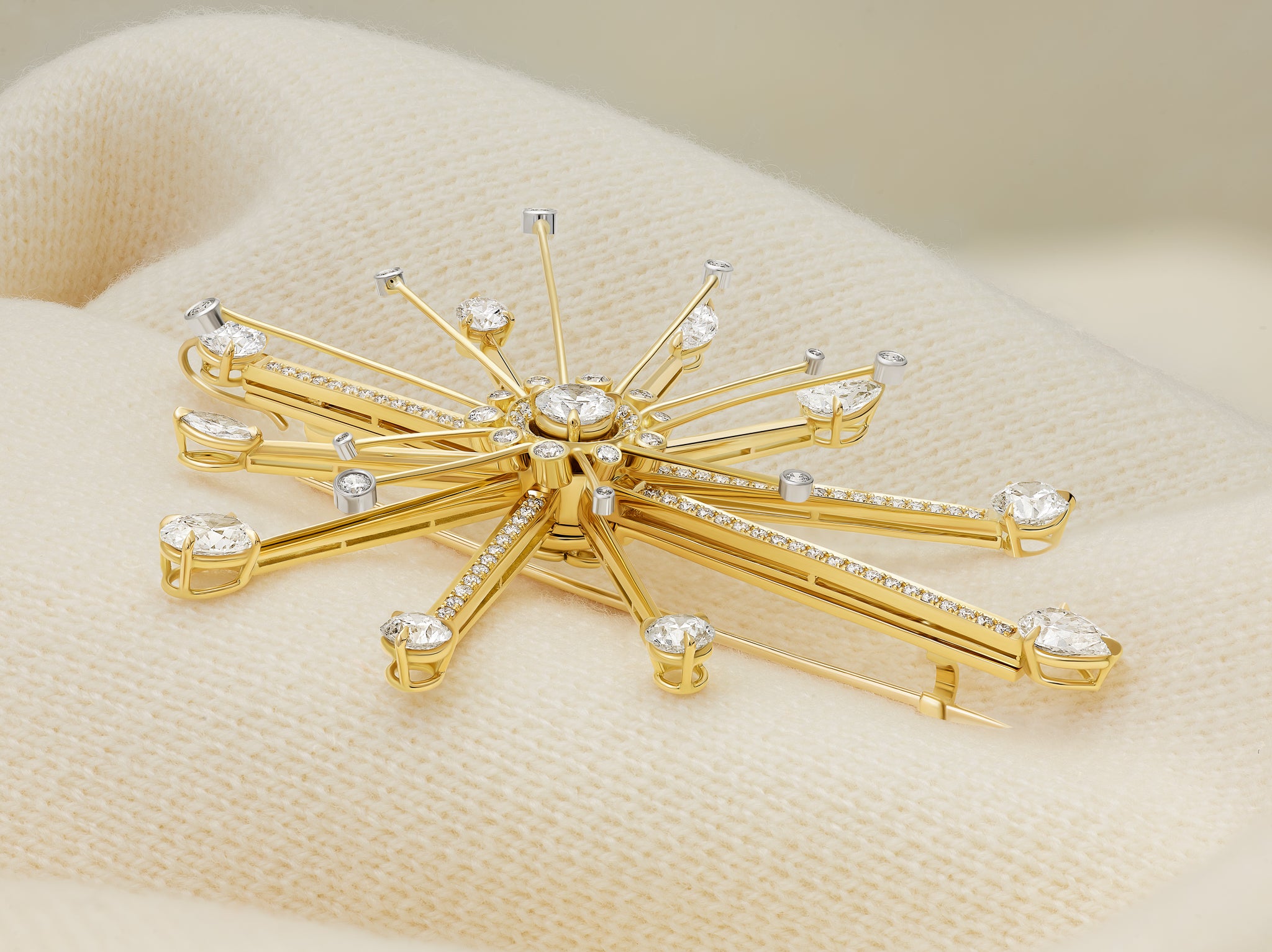 Handcrafted yellow gold Firework Masterpiece brooch with precious diamond gemstones.