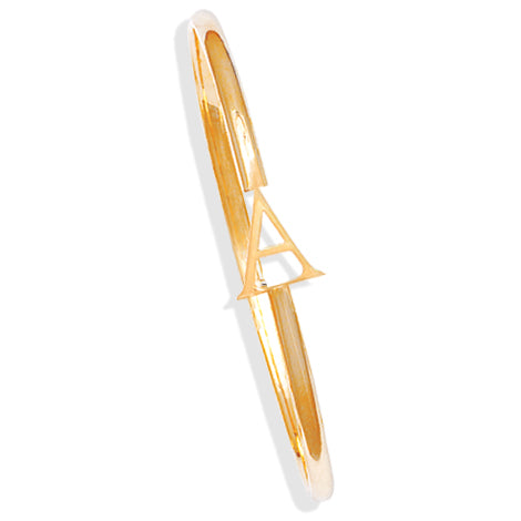 Handcrafted yellow gold bangle with a central yellow gold letter A accent.